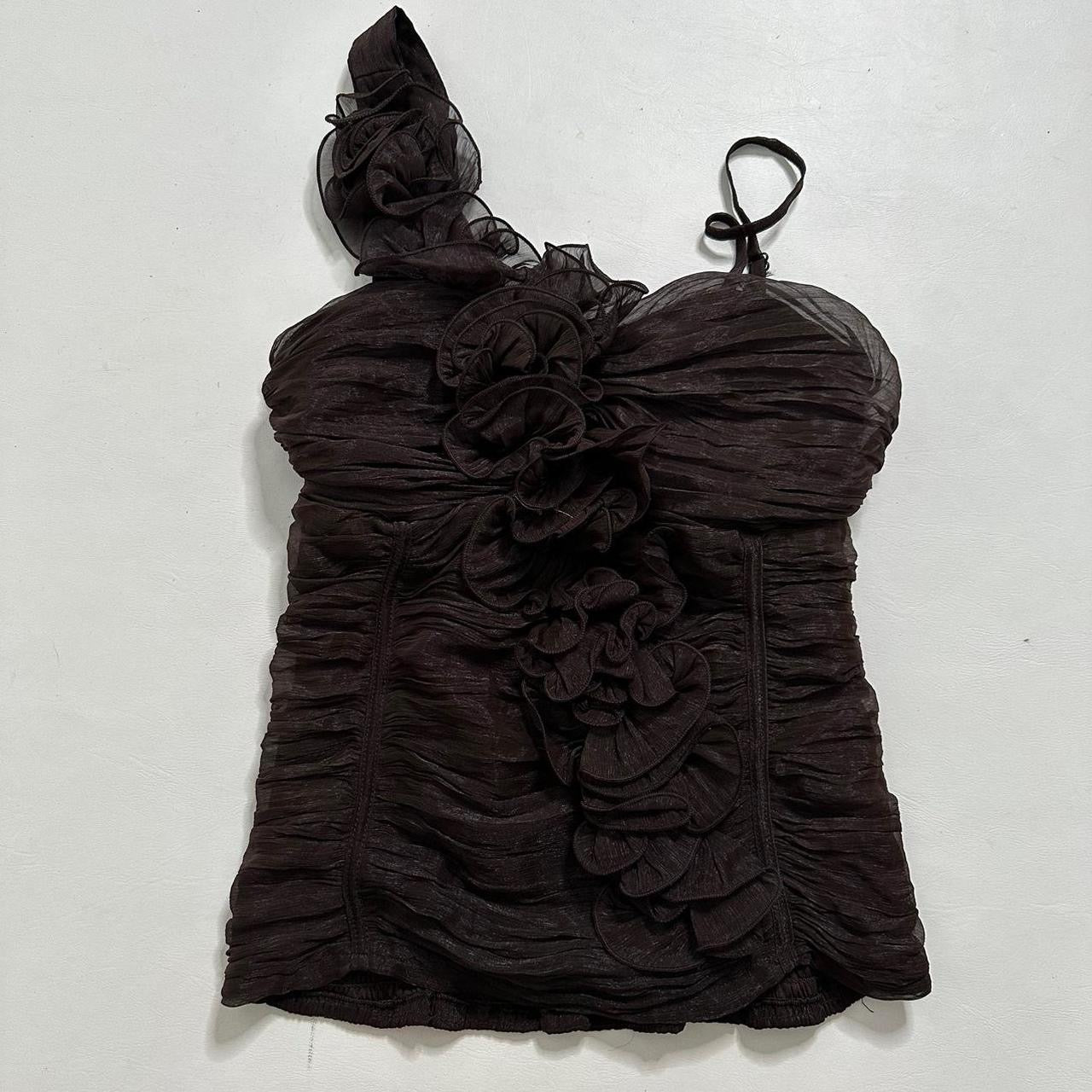Brown mesh floral ruched top
