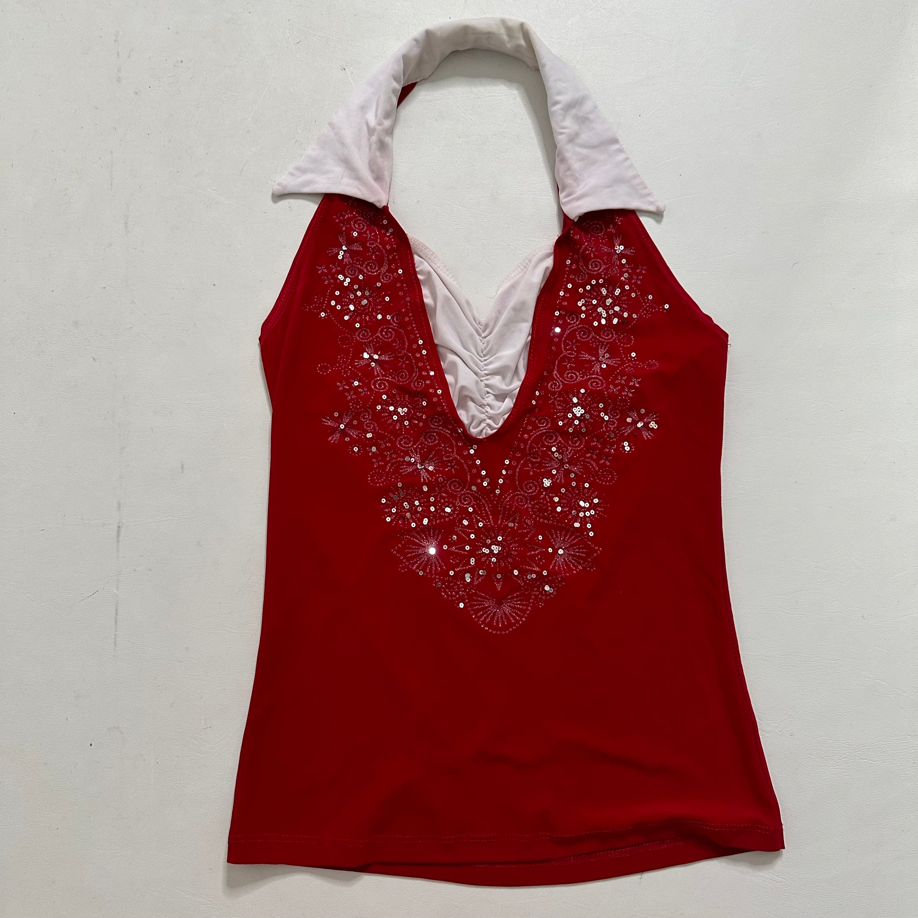 Red halter neck collared top