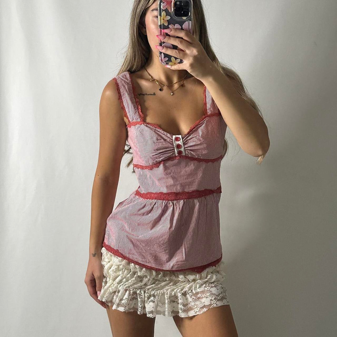 Red striped lace lined vest