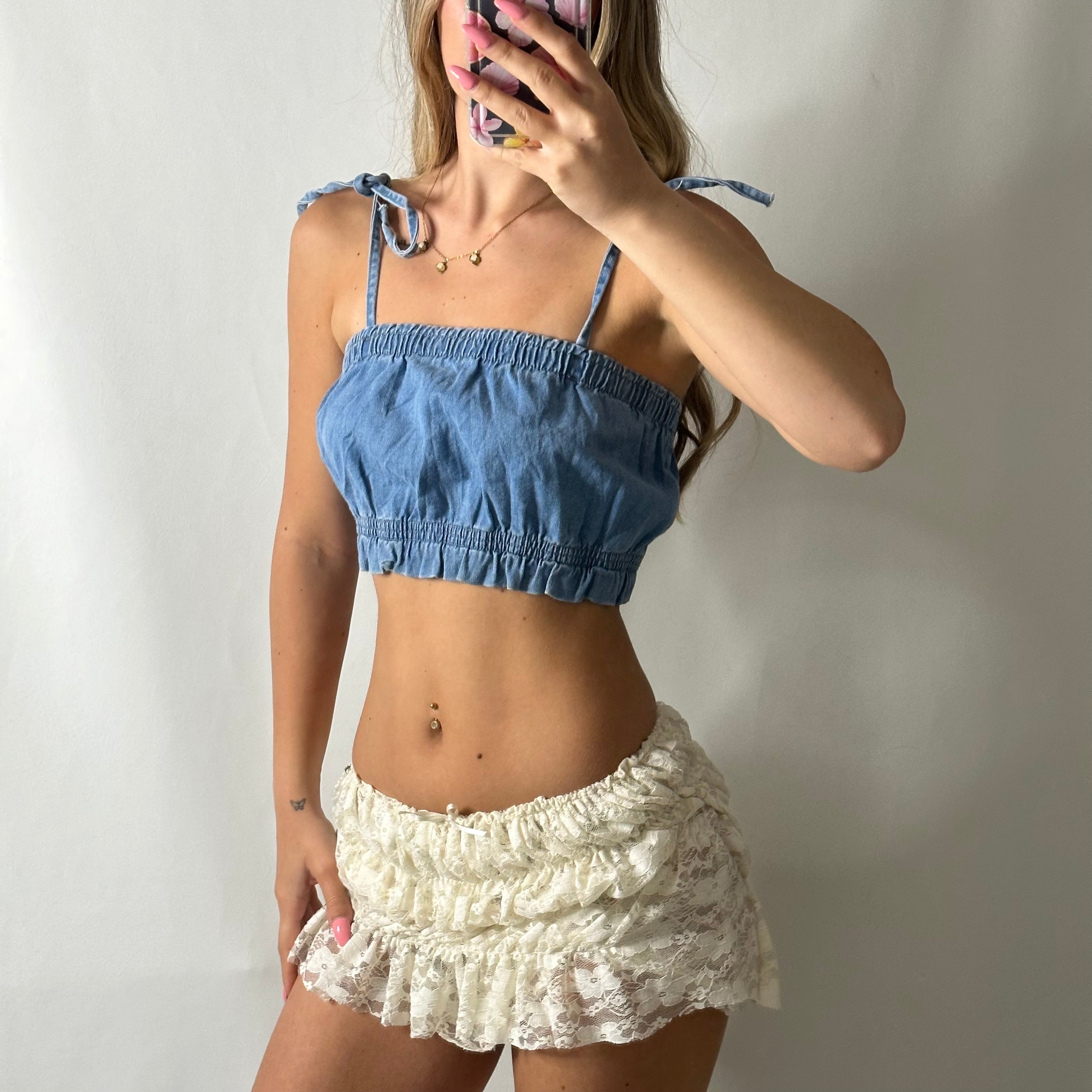 Denim crop top with bow tie straps