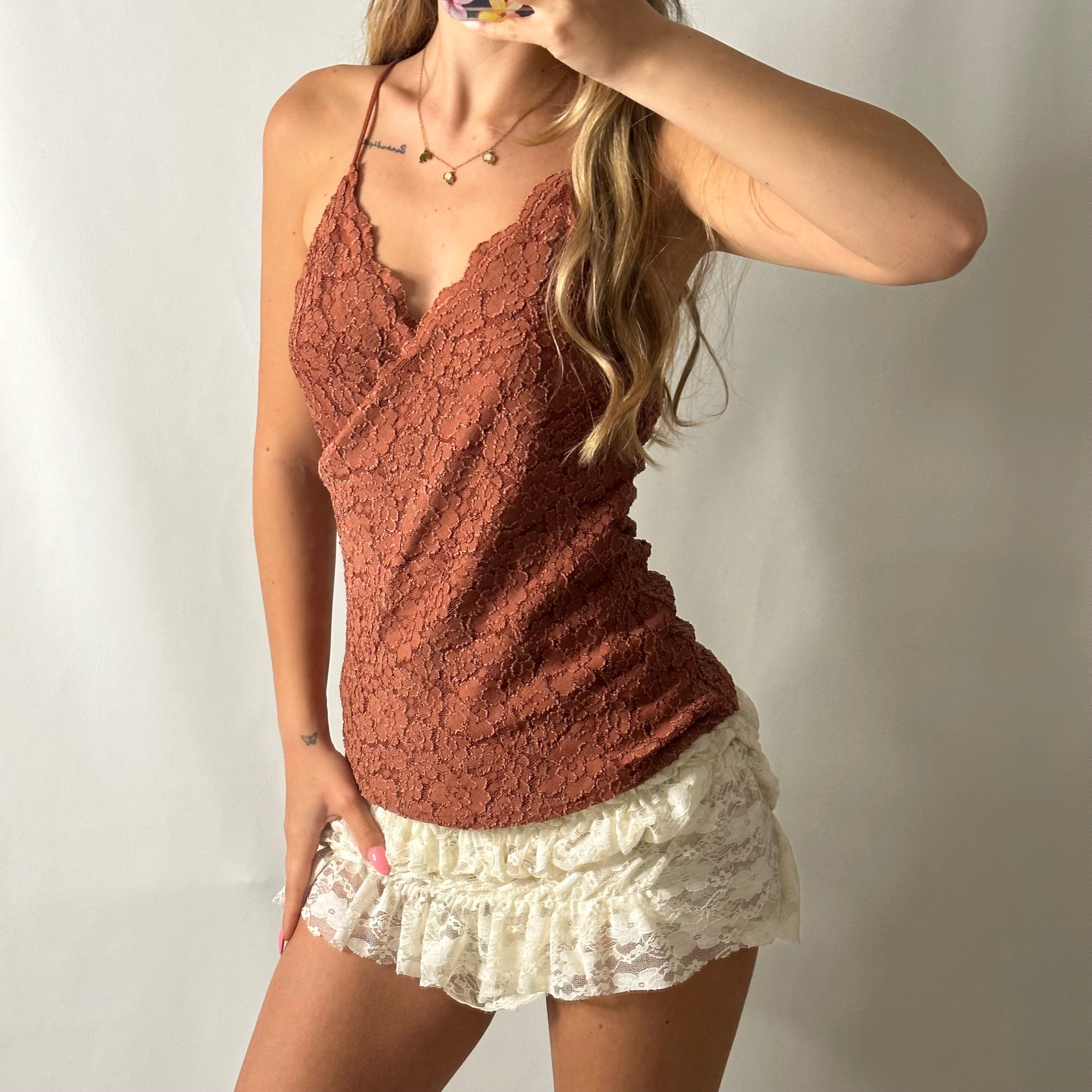 Brown lace look wrap over style top