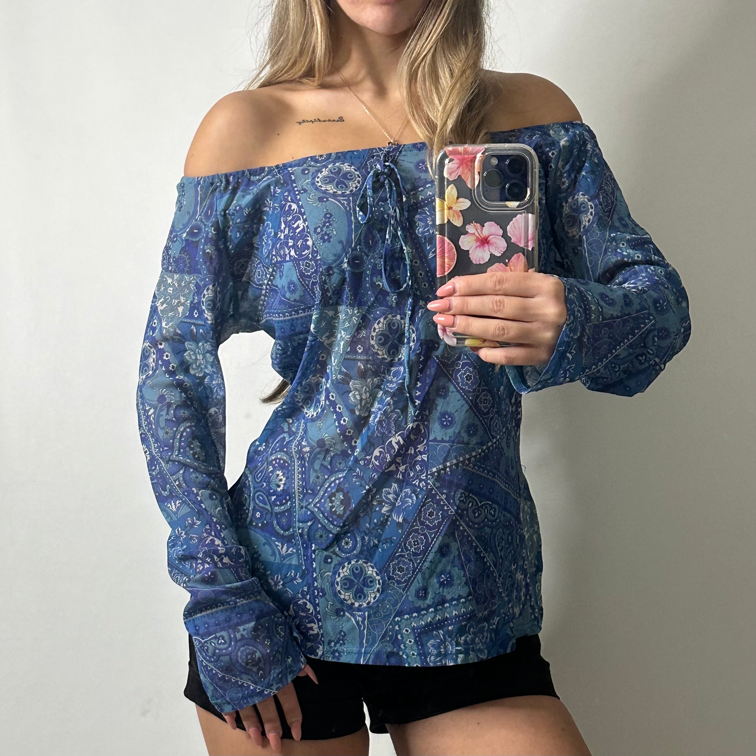 Blue mesh paisley off shoulder top