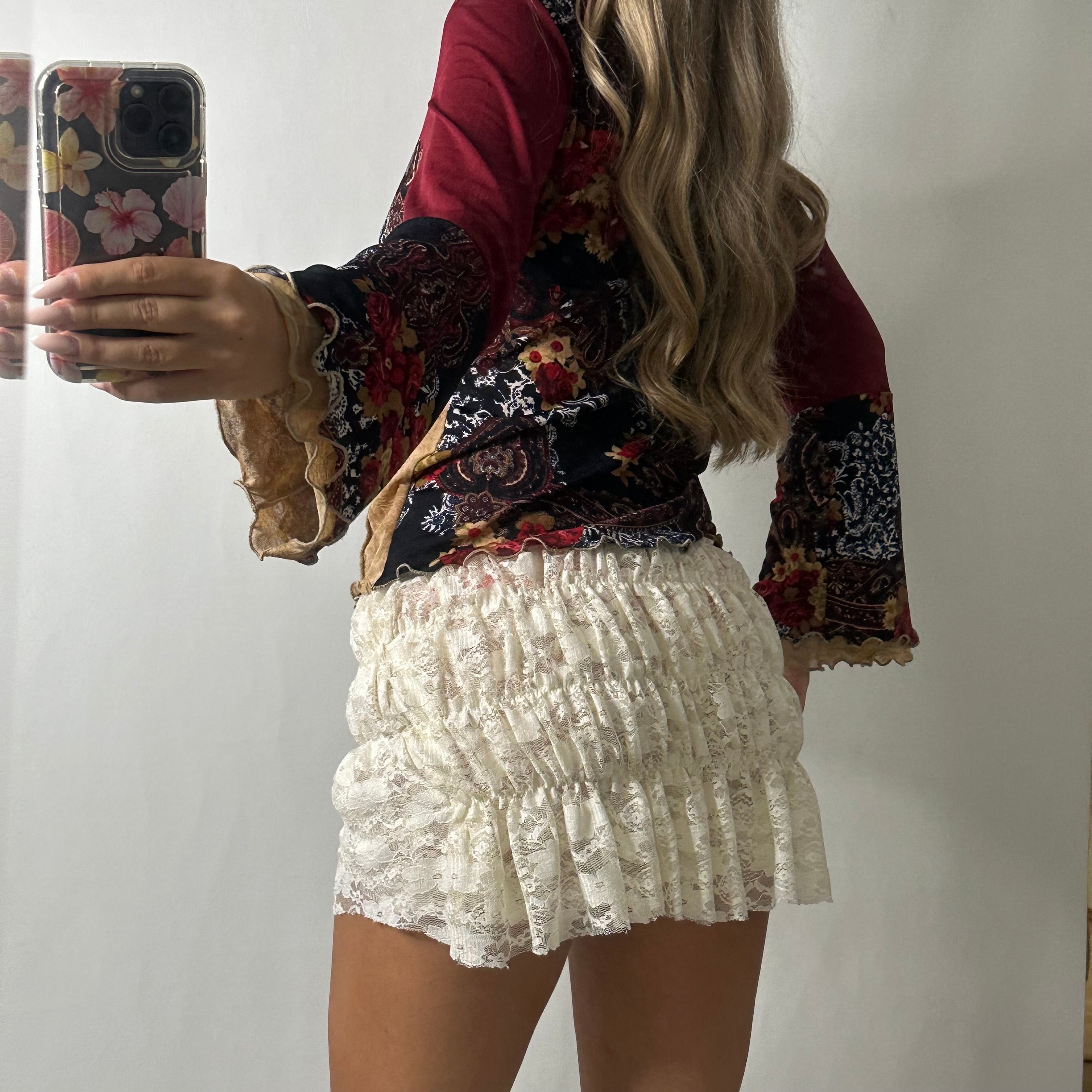 Graphic mesh flared print top