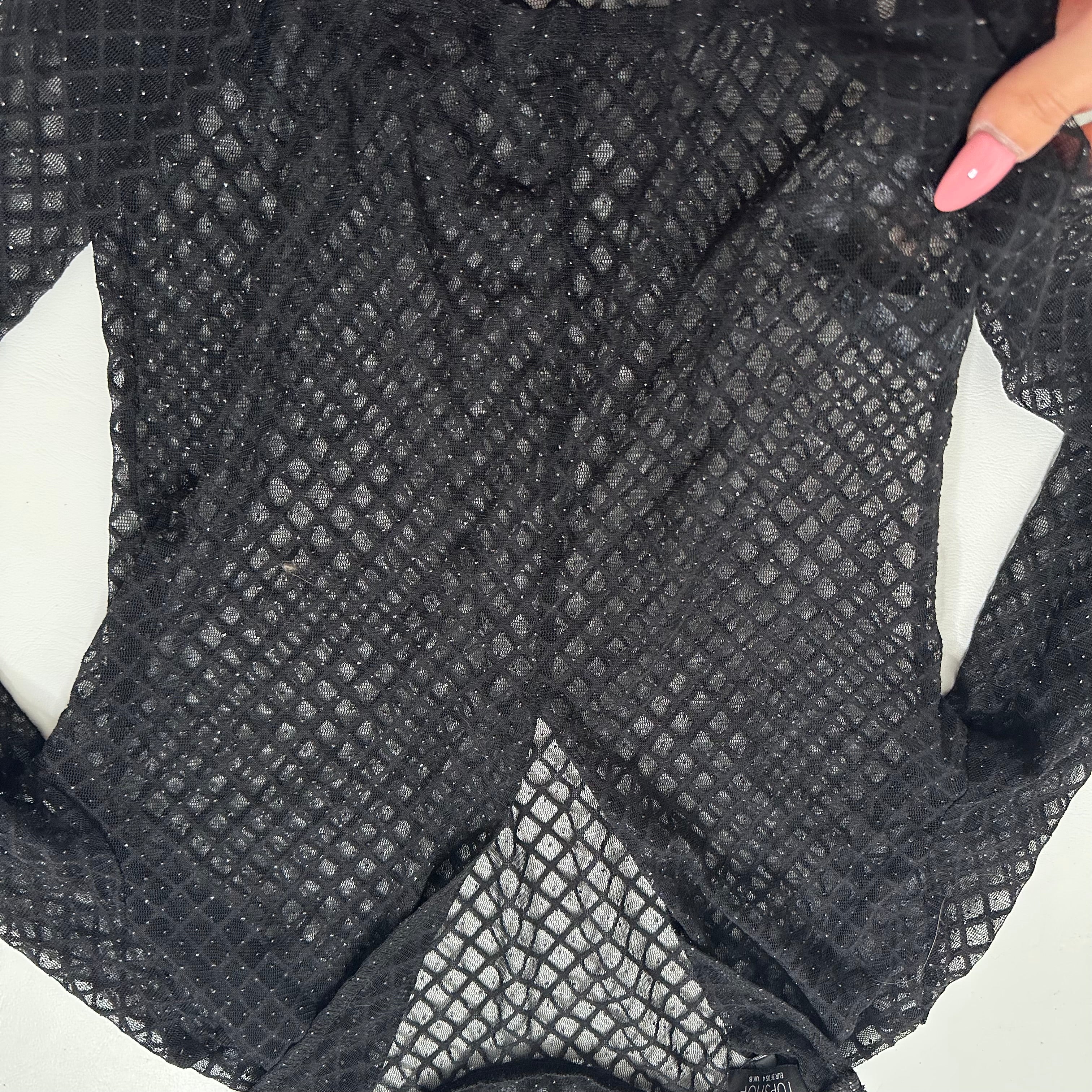 Black mesh glittery long sleeve top