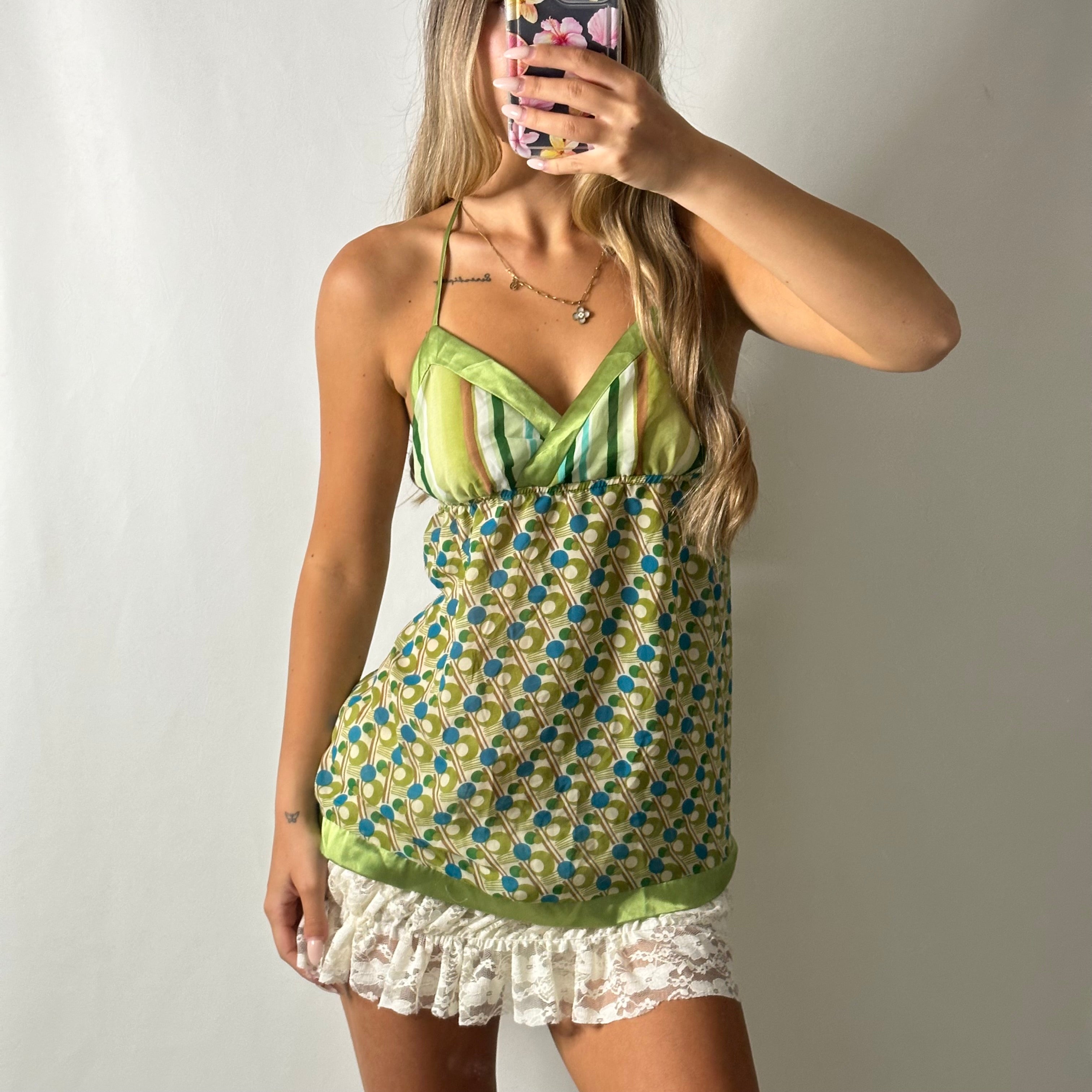 Green satin mesh halter top