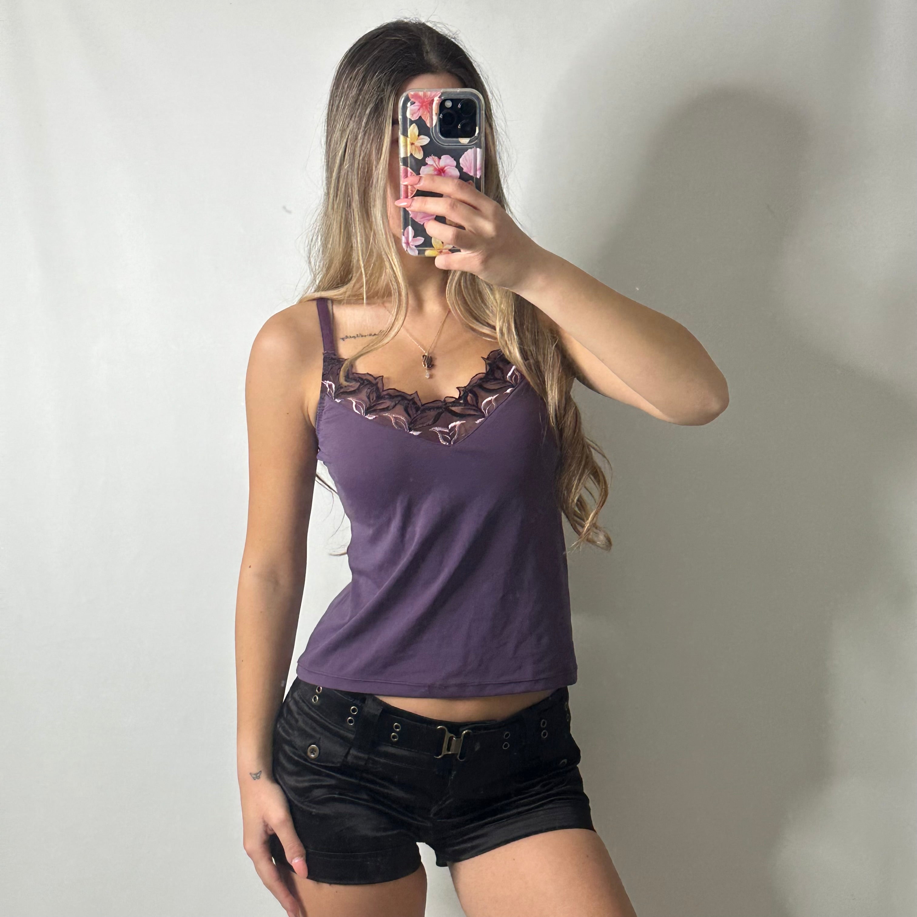 Slinky lace lined purple cami