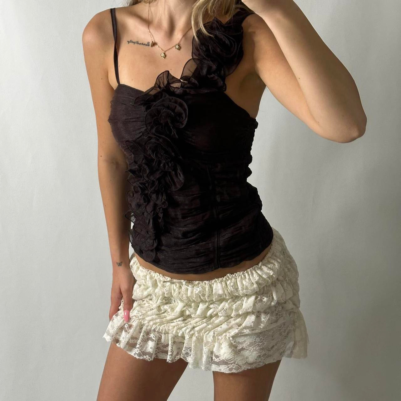 Brown mesh floral ruched top