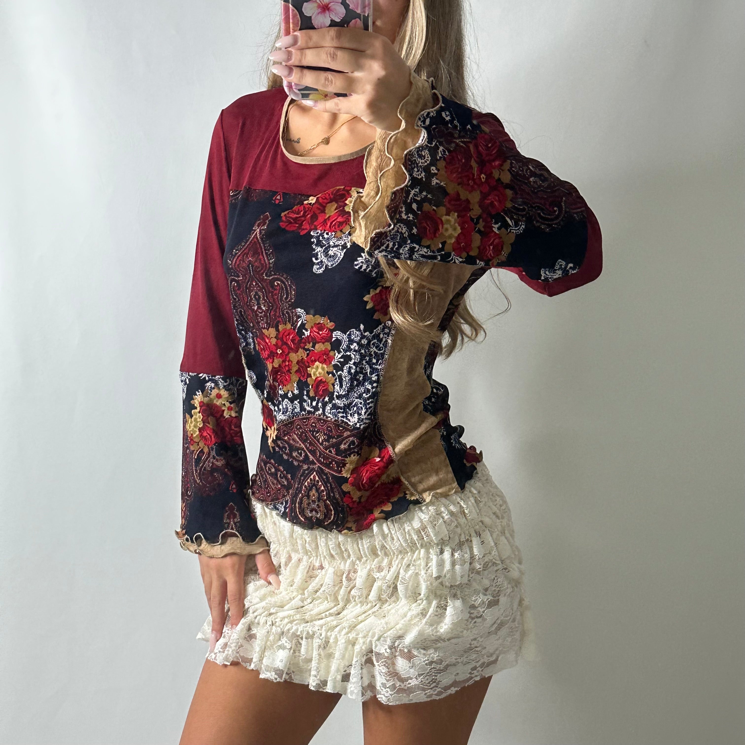 Graphic mesh flared print top