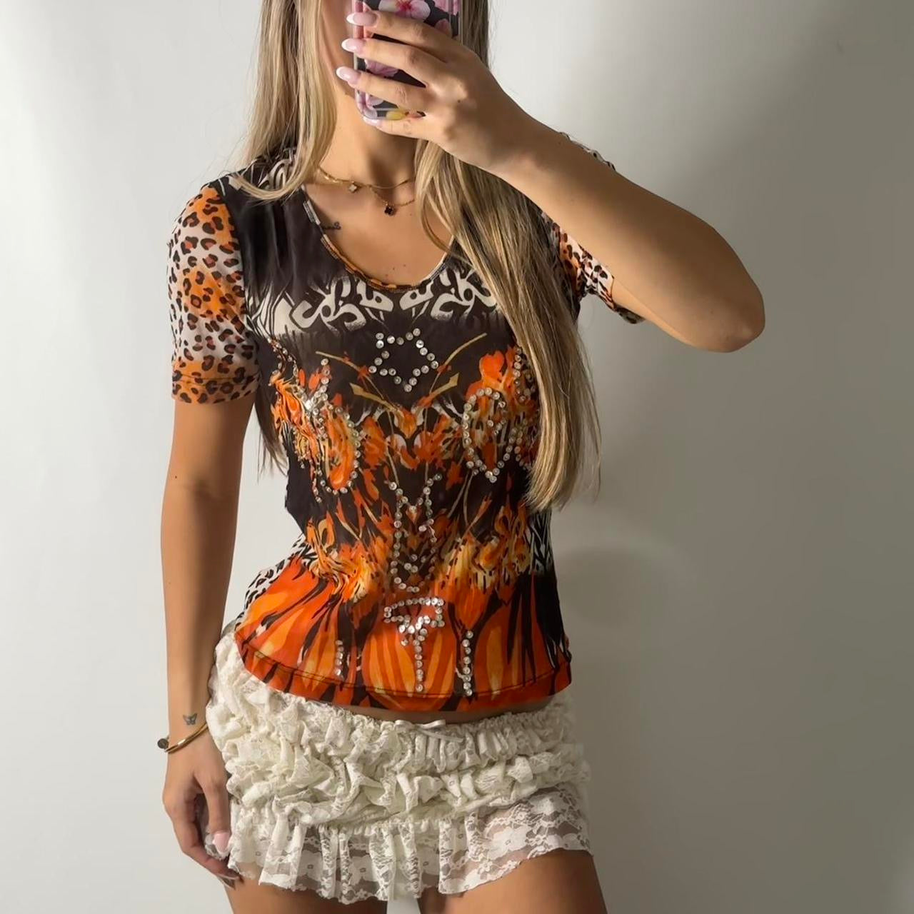 Mesh leopard sequin baby tee