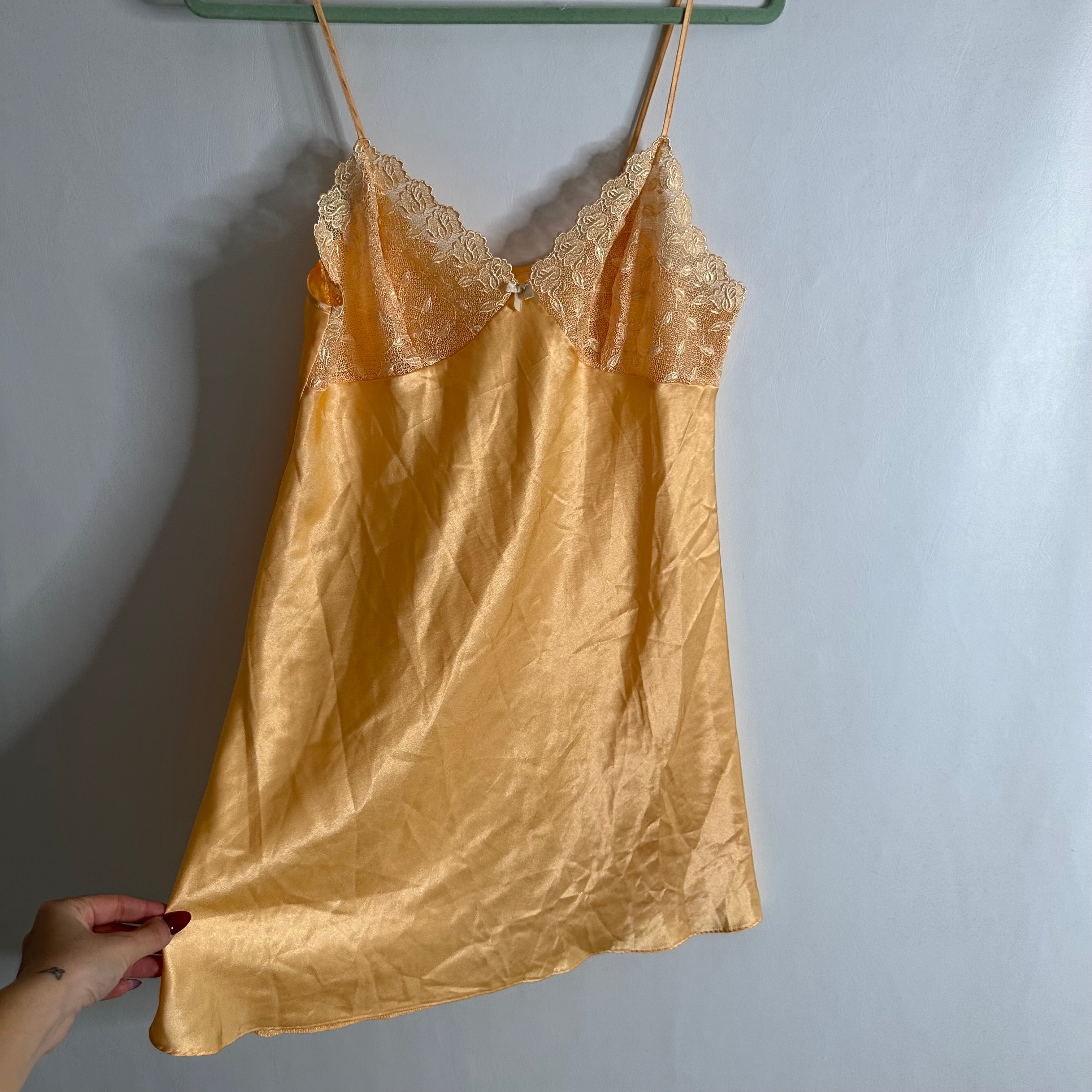 Orange lace lined satin mini dress