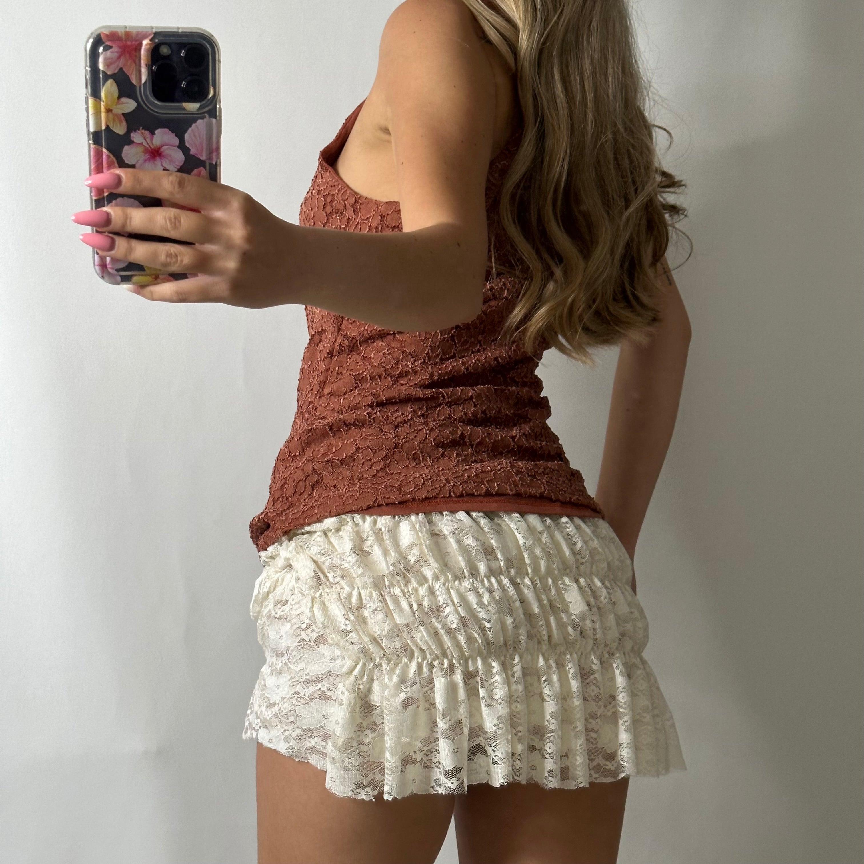 Brown lace look wrap over style top