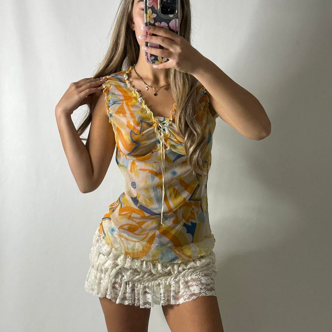 Yellow mesh swirl print top
