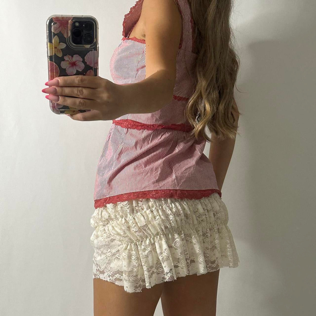 Red striped lace lined vest