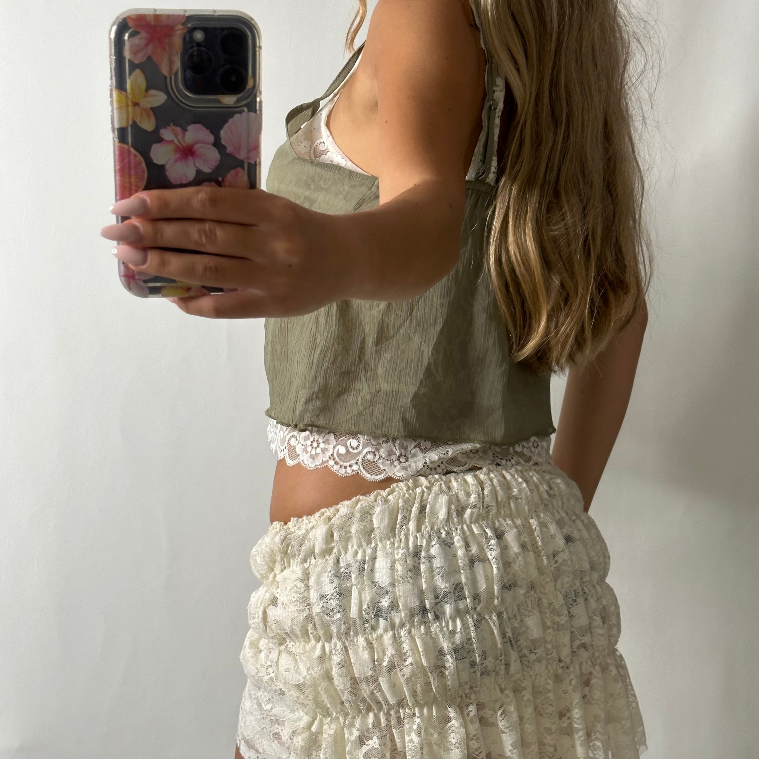 Khaki mesh lace double layered cami