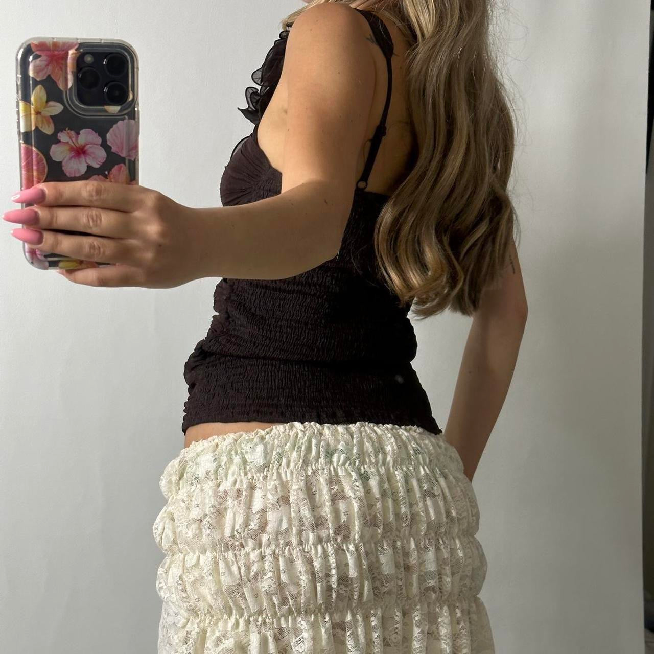 Brown mesh floral ruched top