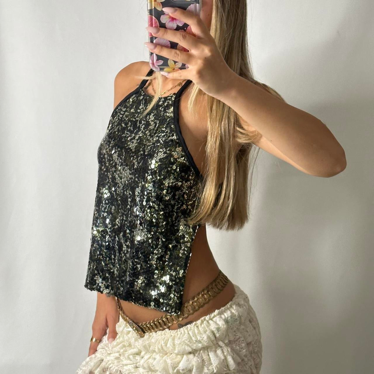 sequin backless halter top