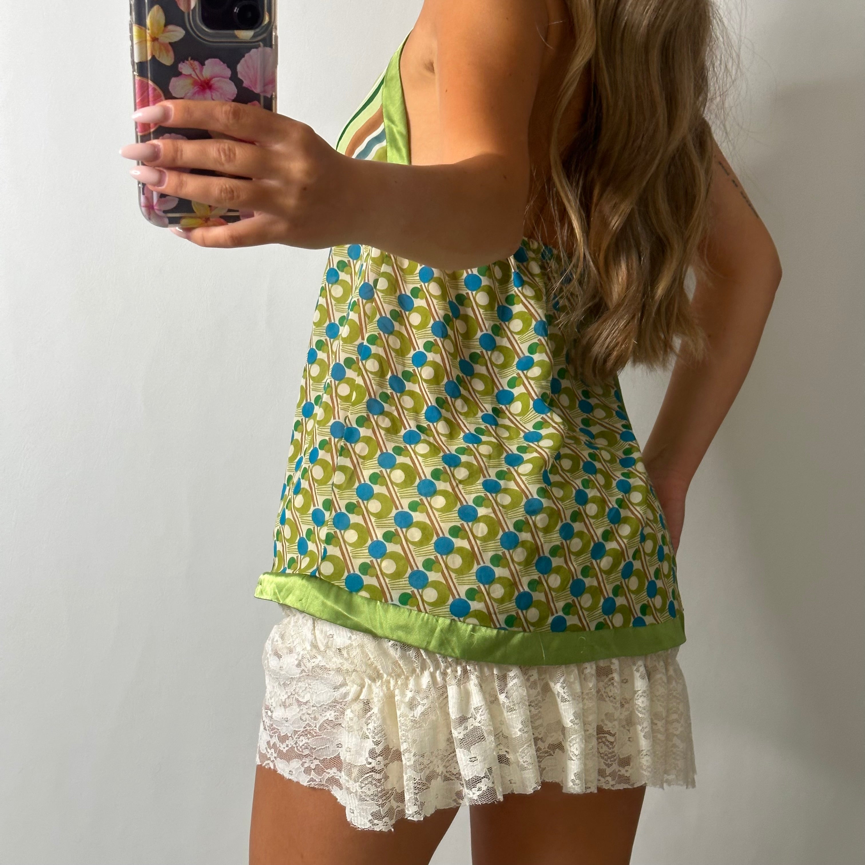 Green satin mesh halter top