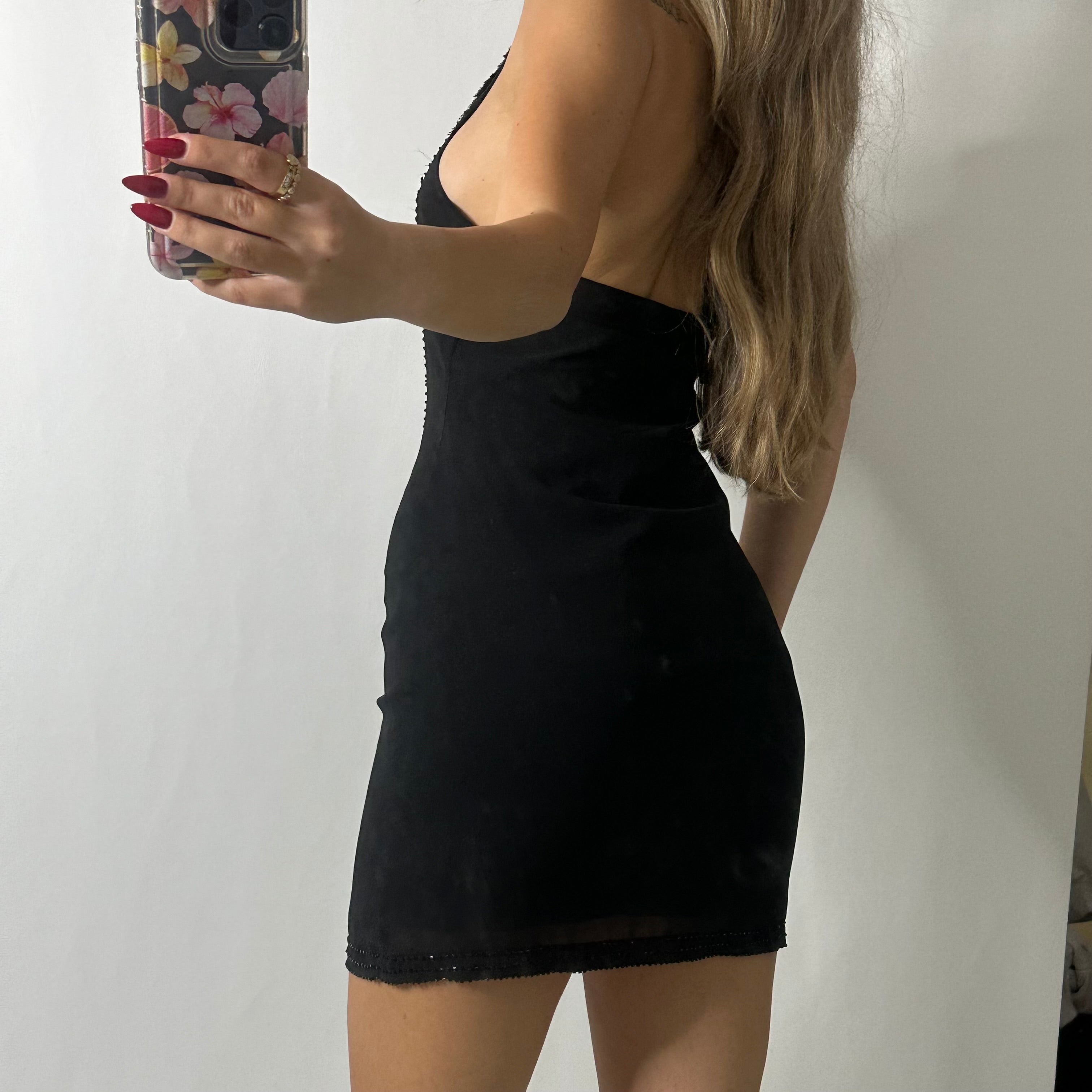 Black mesh sequin halter dress