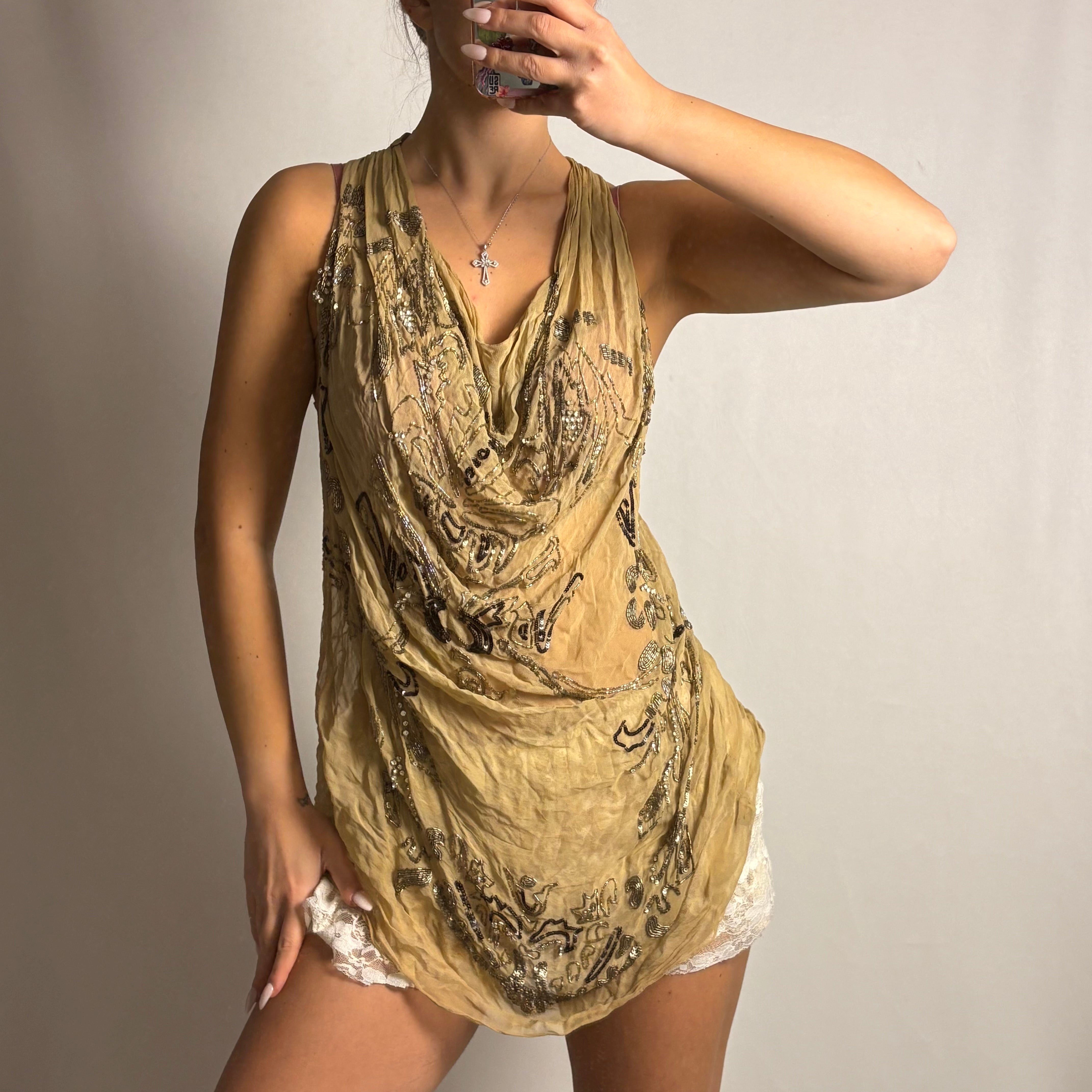 100% Silk Beaded cowl neck mini dress/ top by Twinset