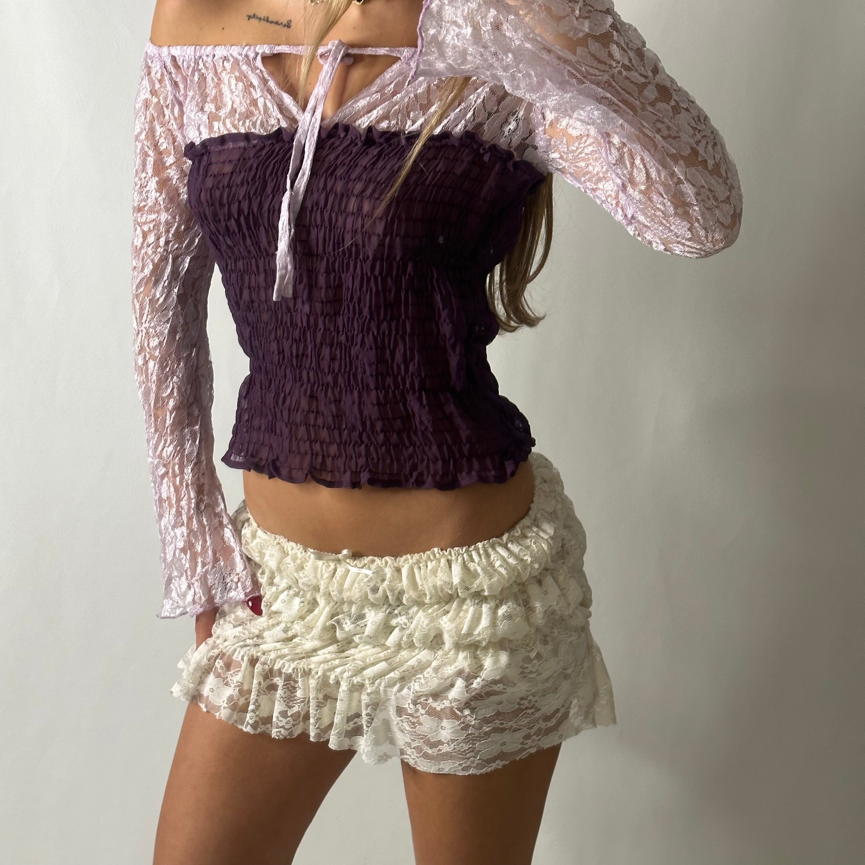Purple lilac lace mesh ruched top