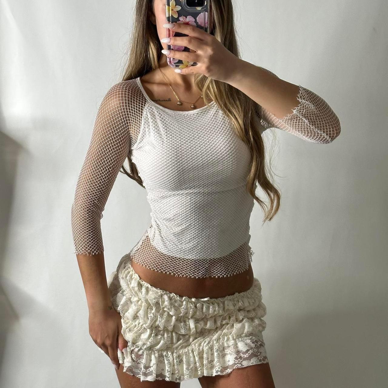 White fishnet top