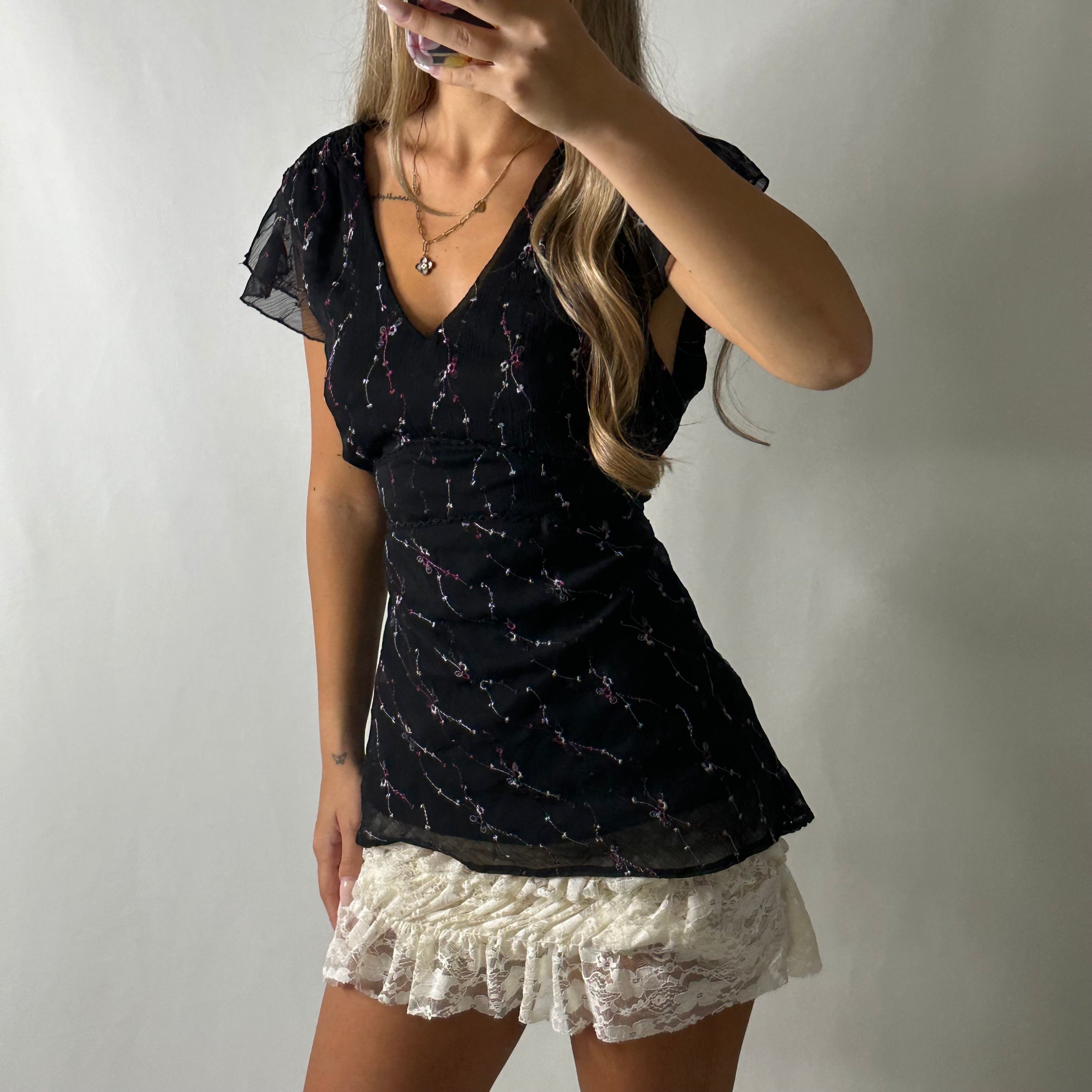 Black mesh floral top with tie up back