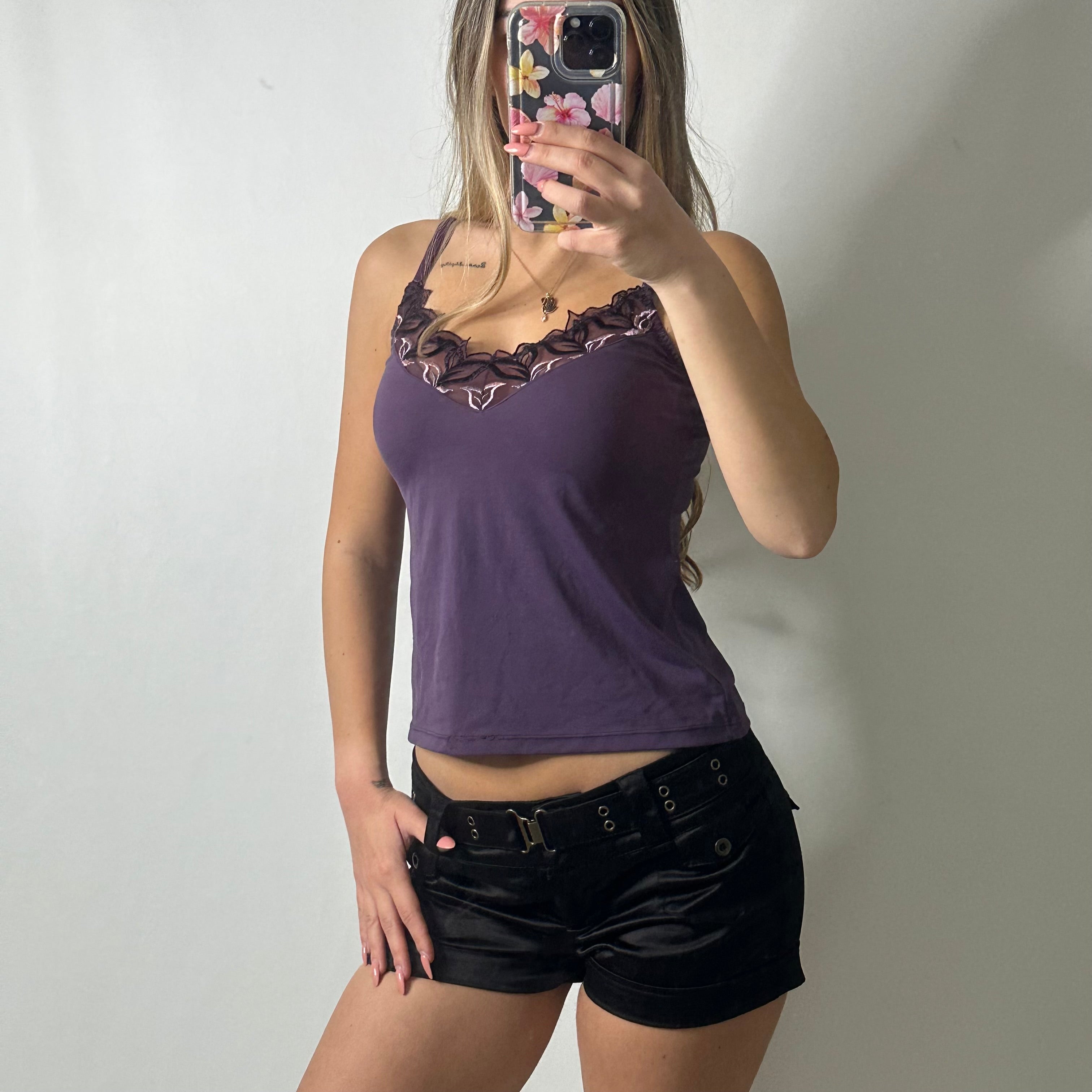 Slinky lace lined purple cami