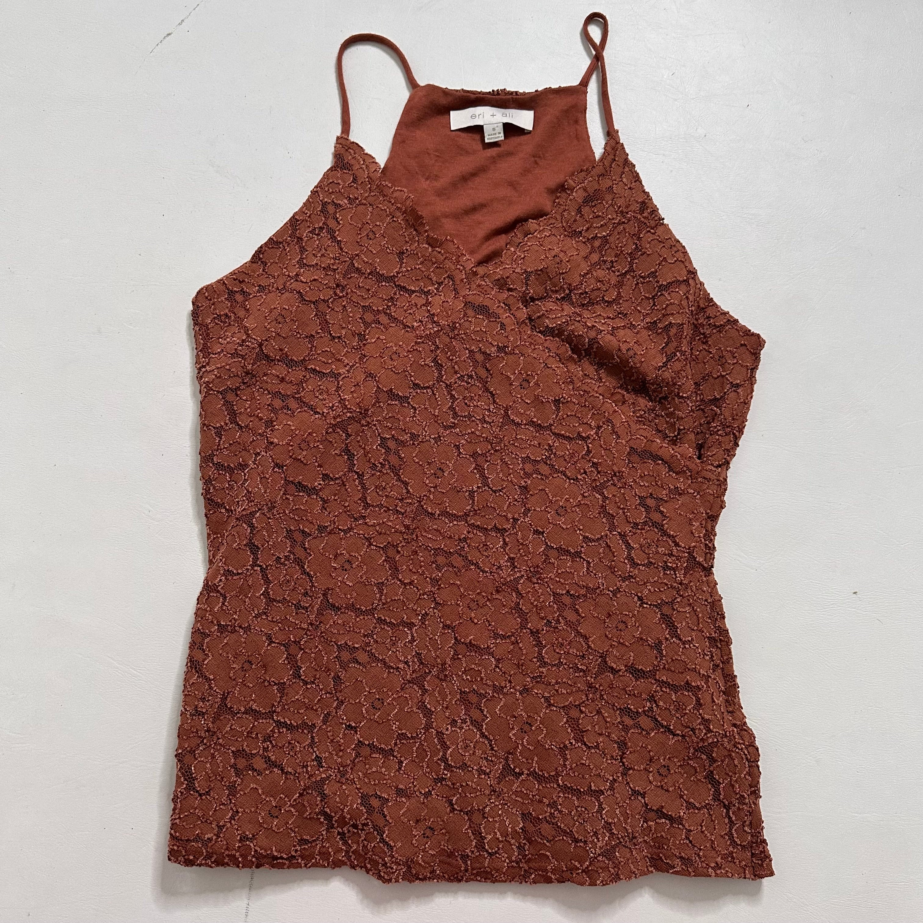 Brown lace look wrap over style top