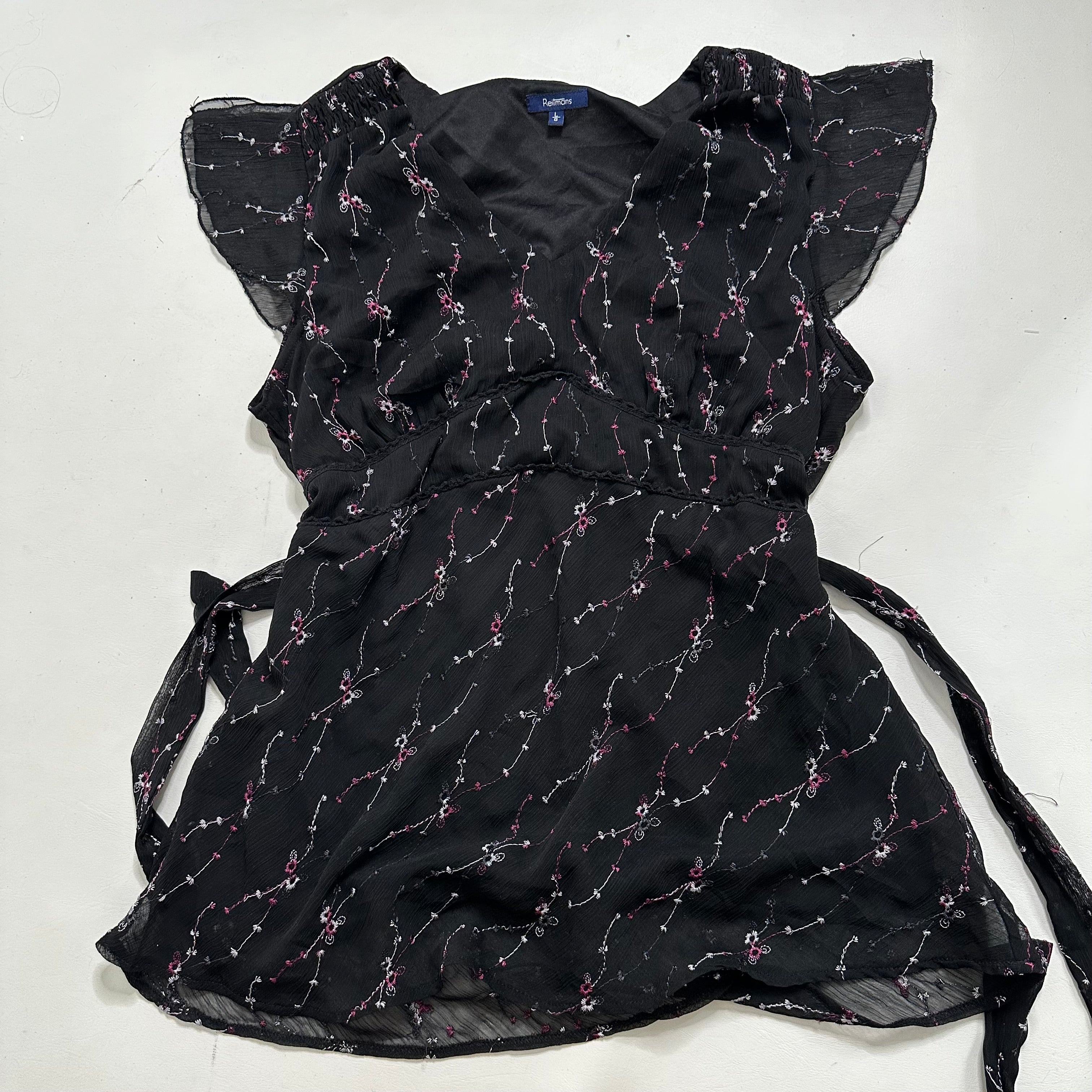 Black mesh floral top with tie up back