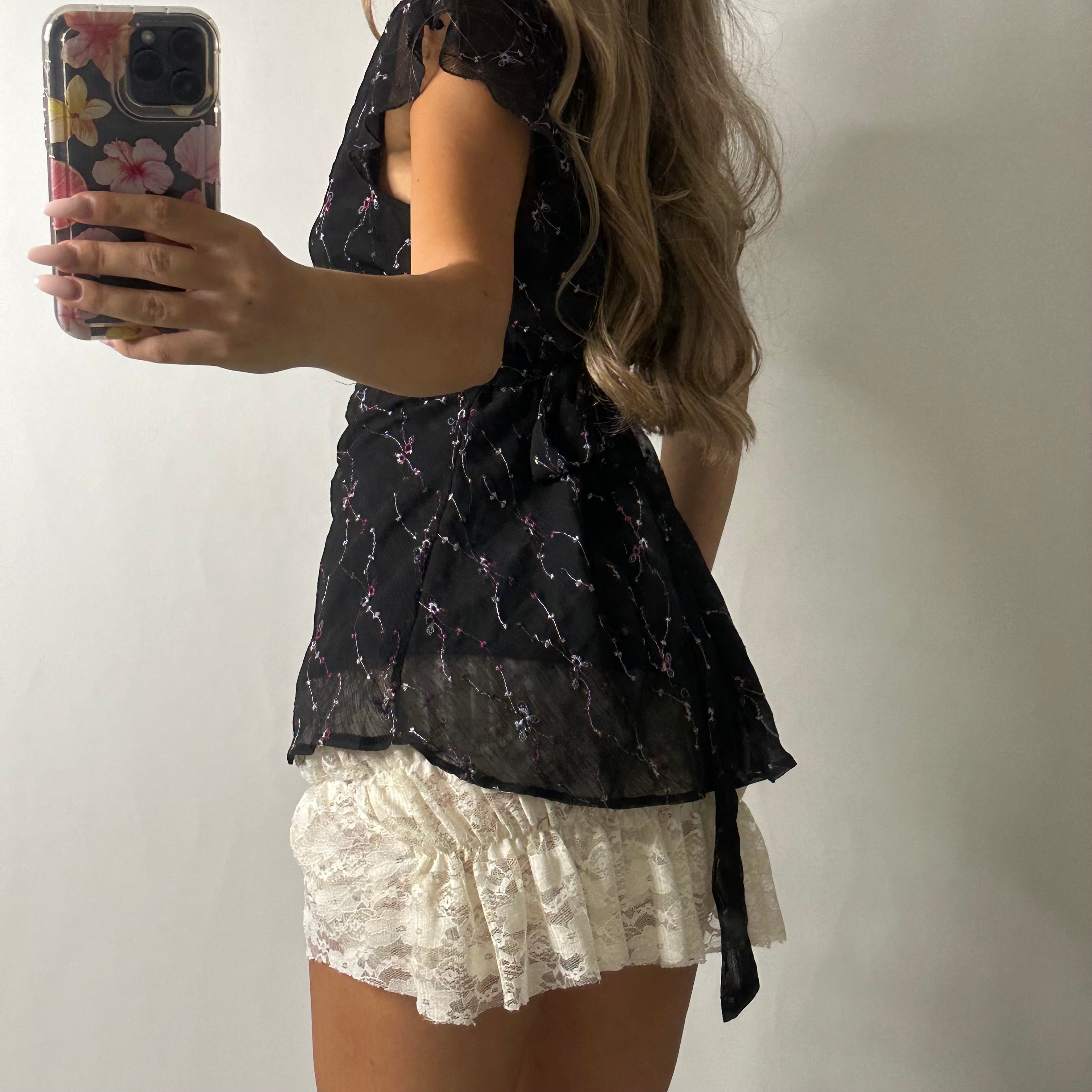 Black mesh floral top with tie up back