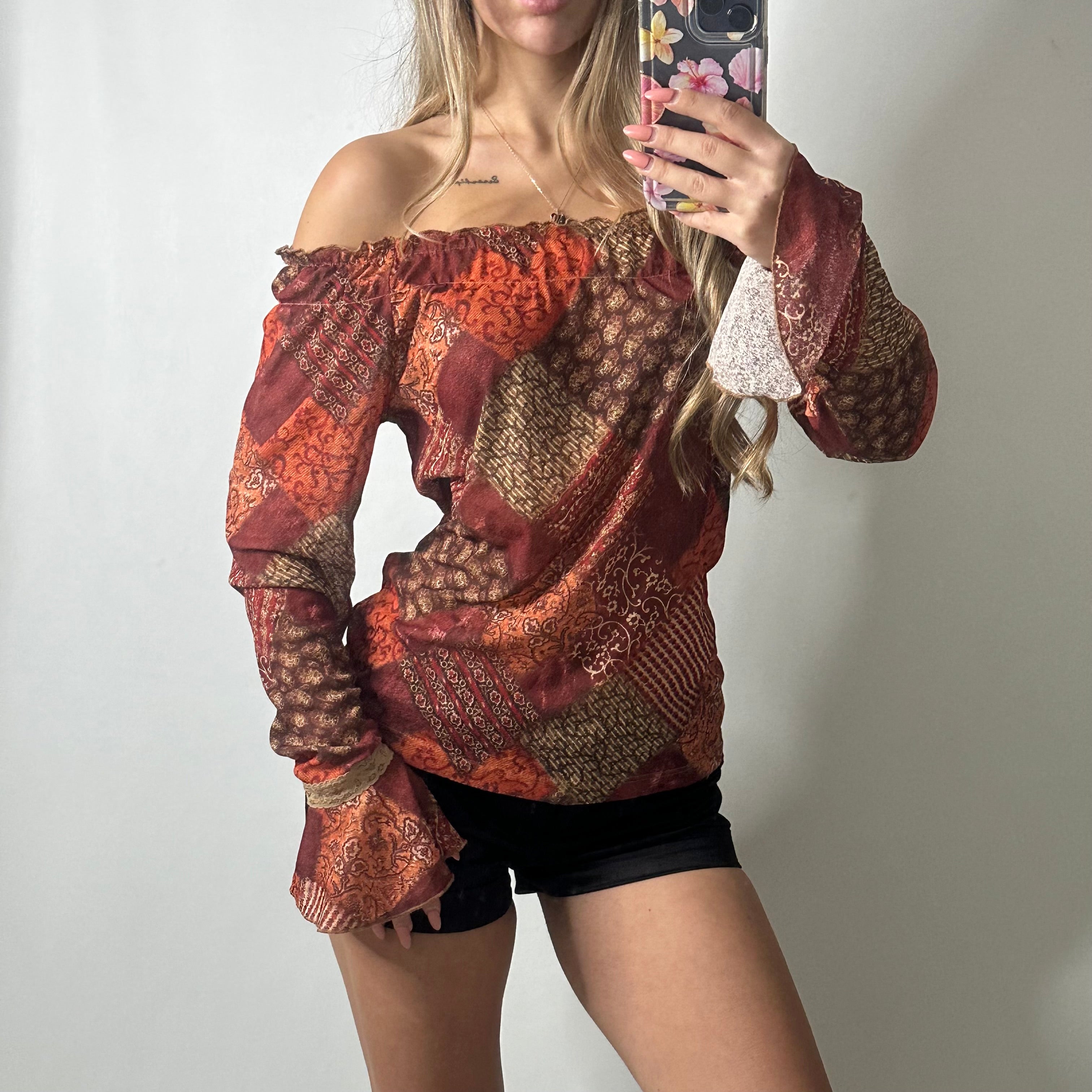 Off shoulder flared sleeve blouse