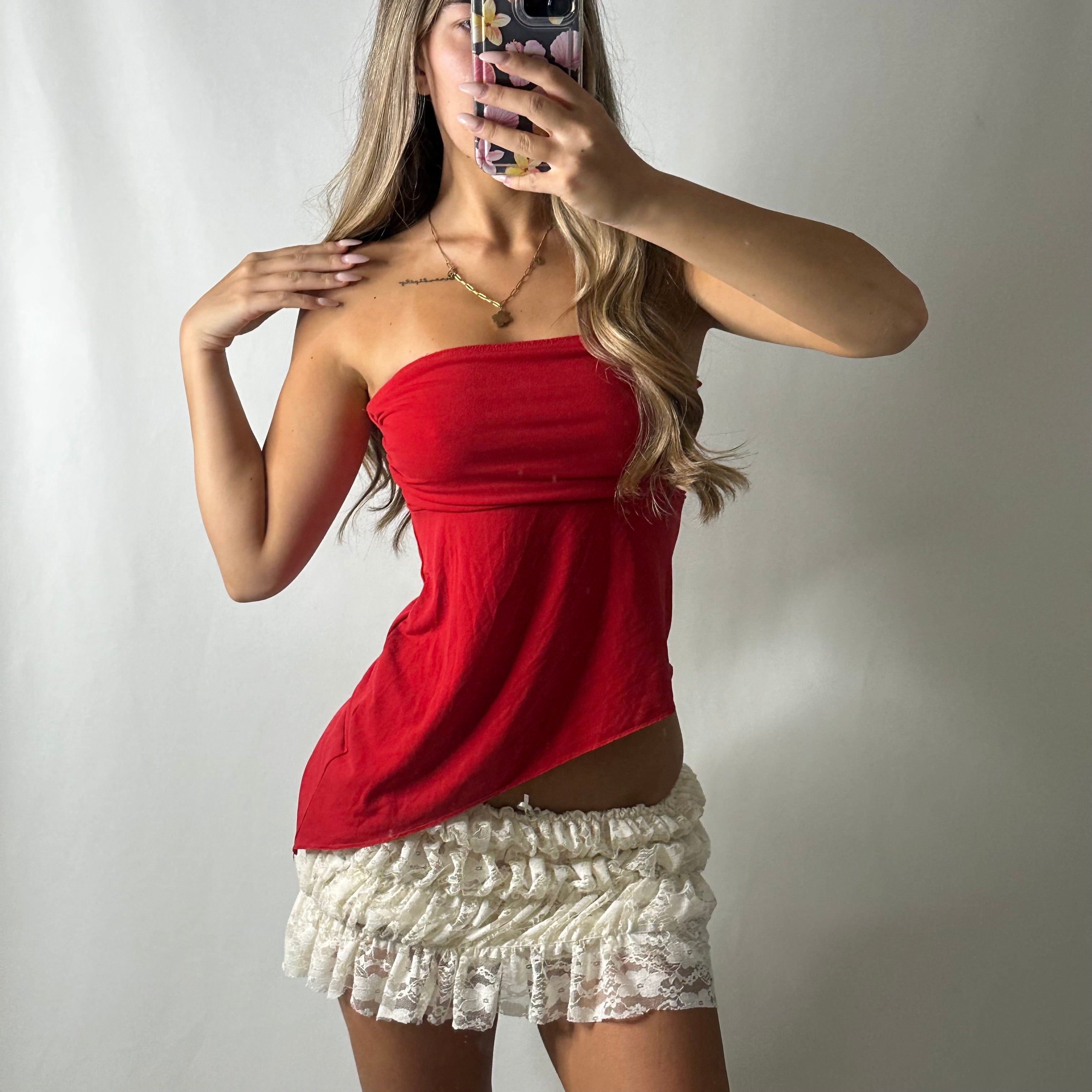 Red hanky hem strapless top
