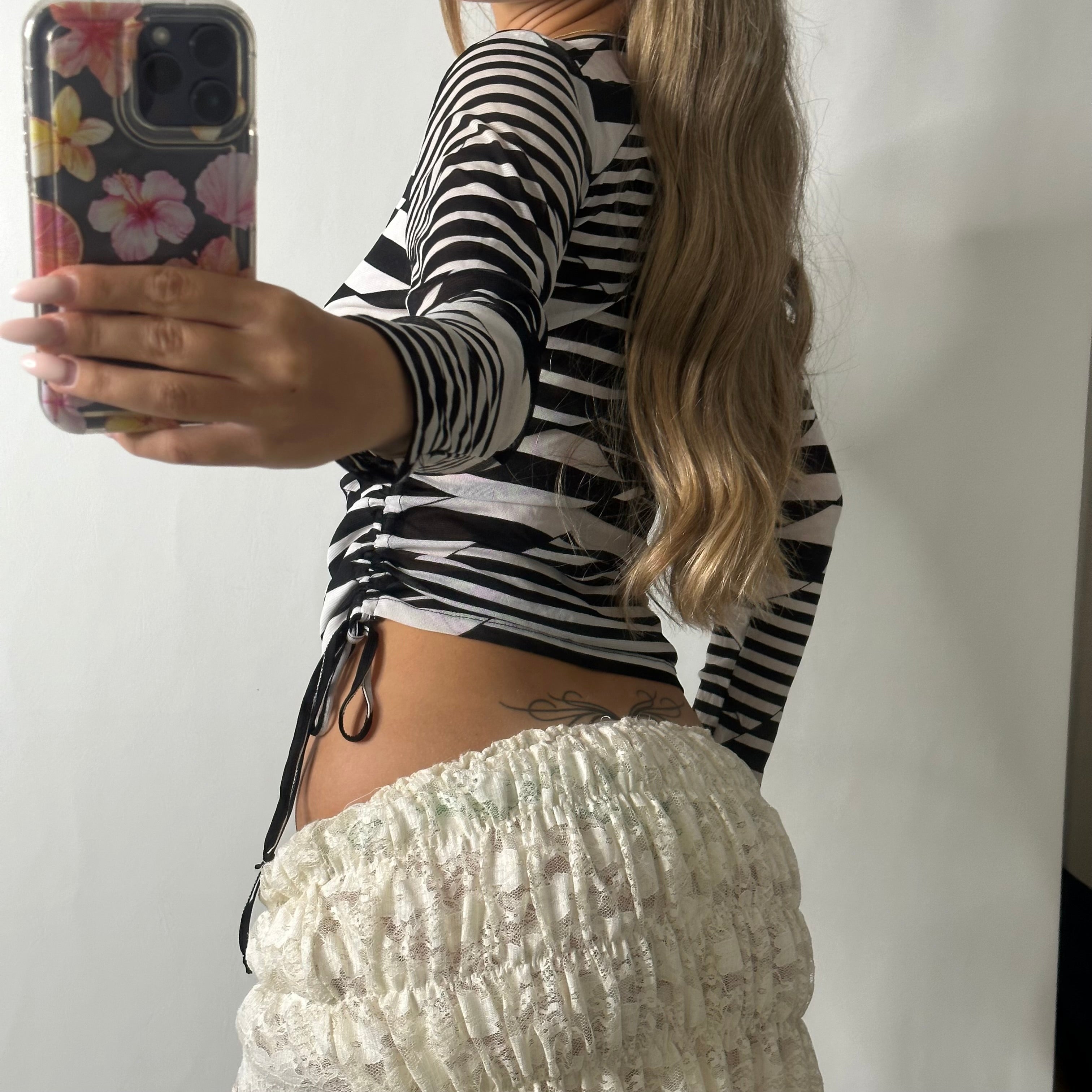 Striped mesh long sleeve top