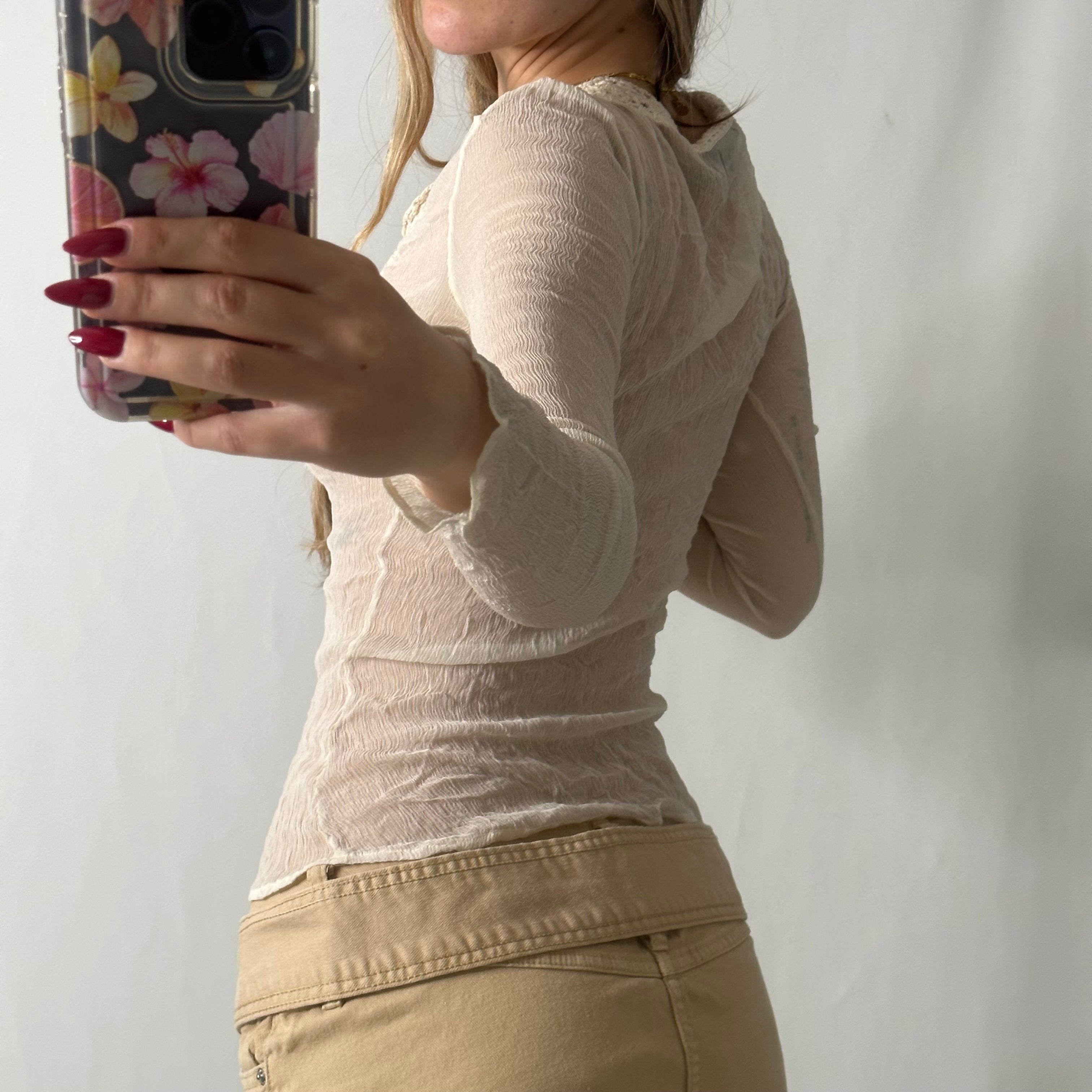 100% Silk beige crochet lined top