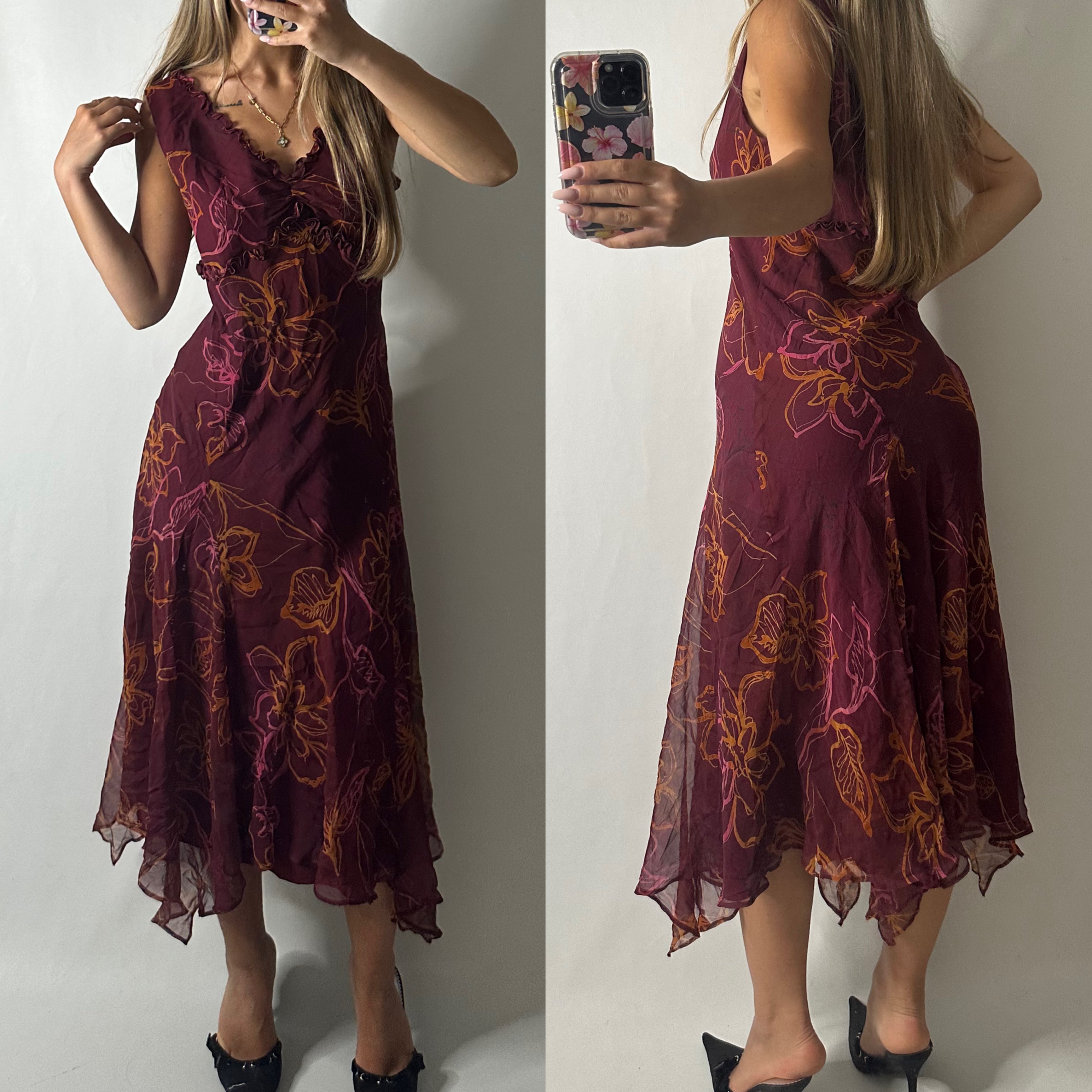Burgundy mesh floral maxi dress