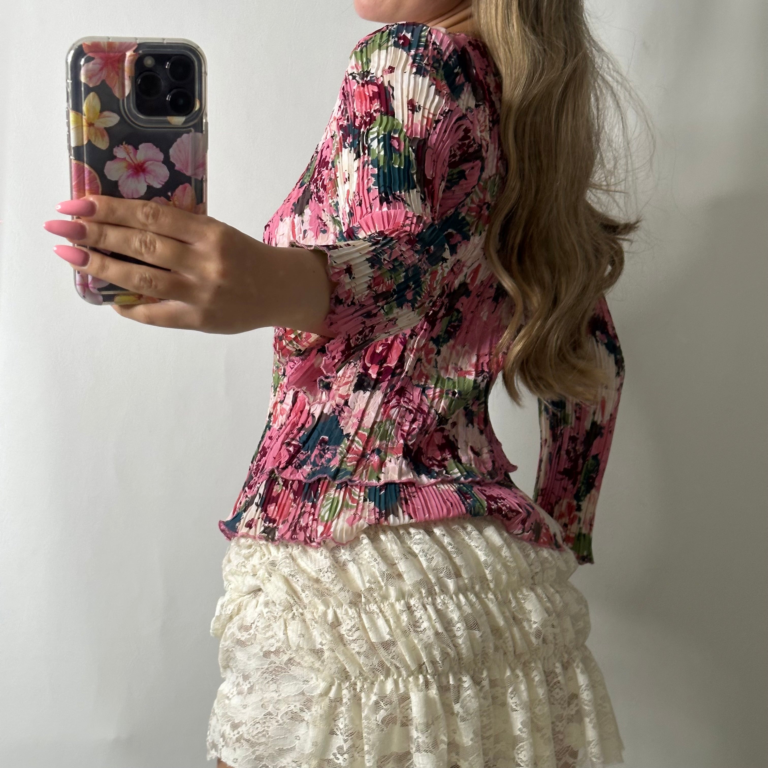 Pink floral ruched top