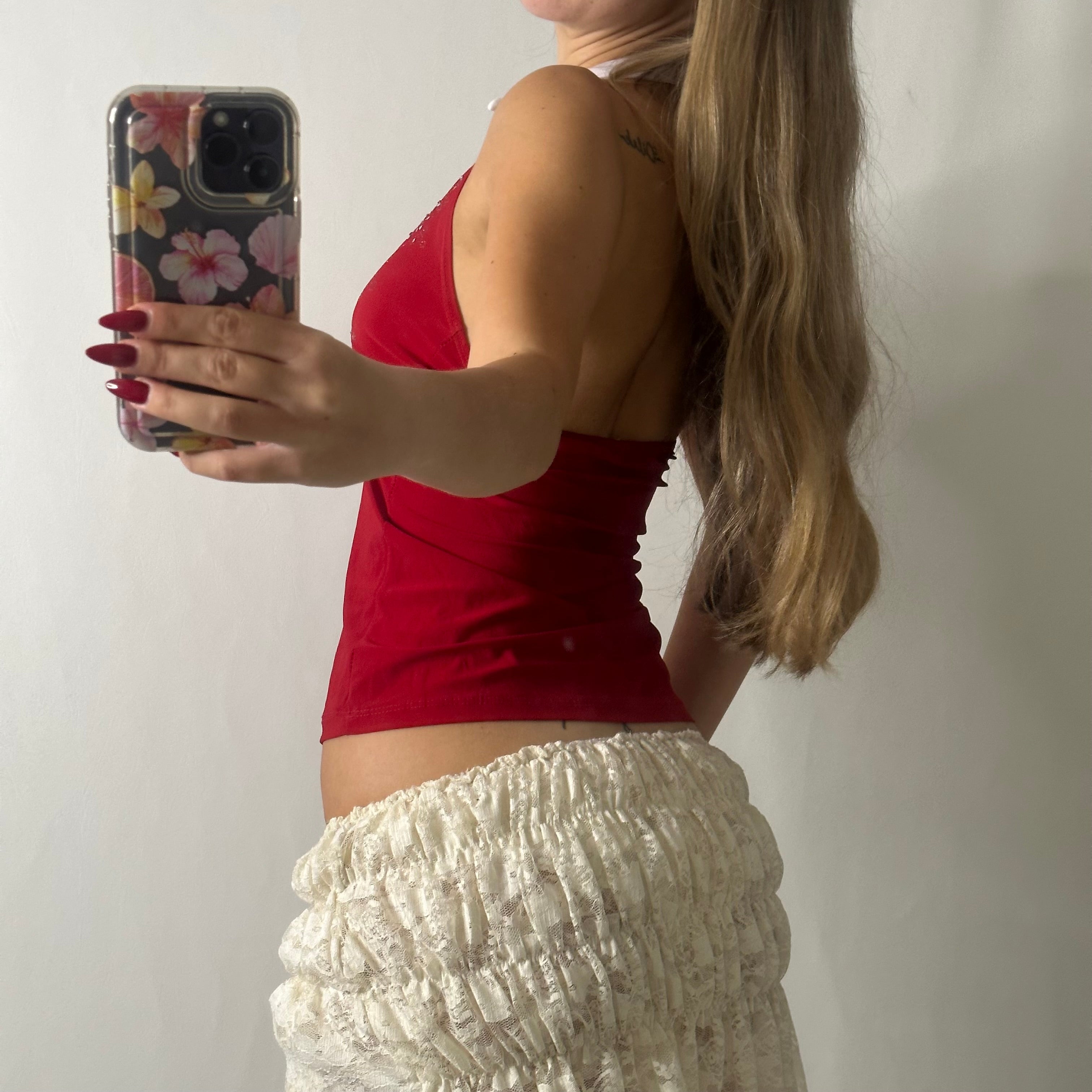 Red halter neck collared top