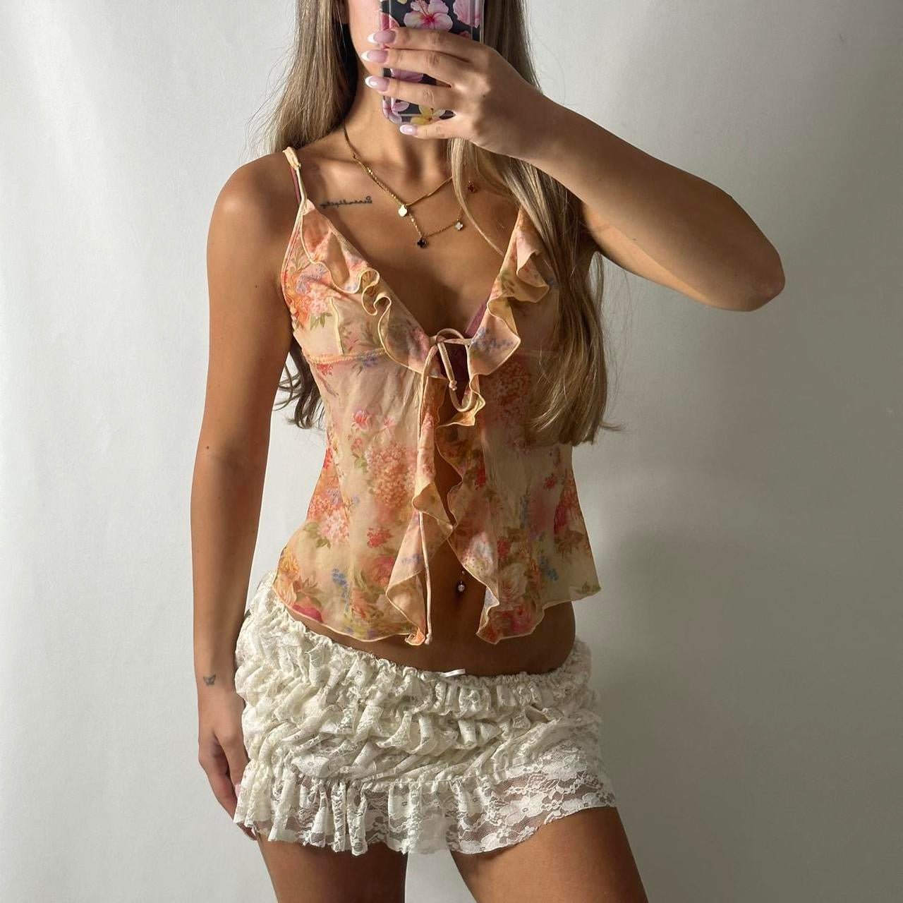 Pink ruffle tie up cami