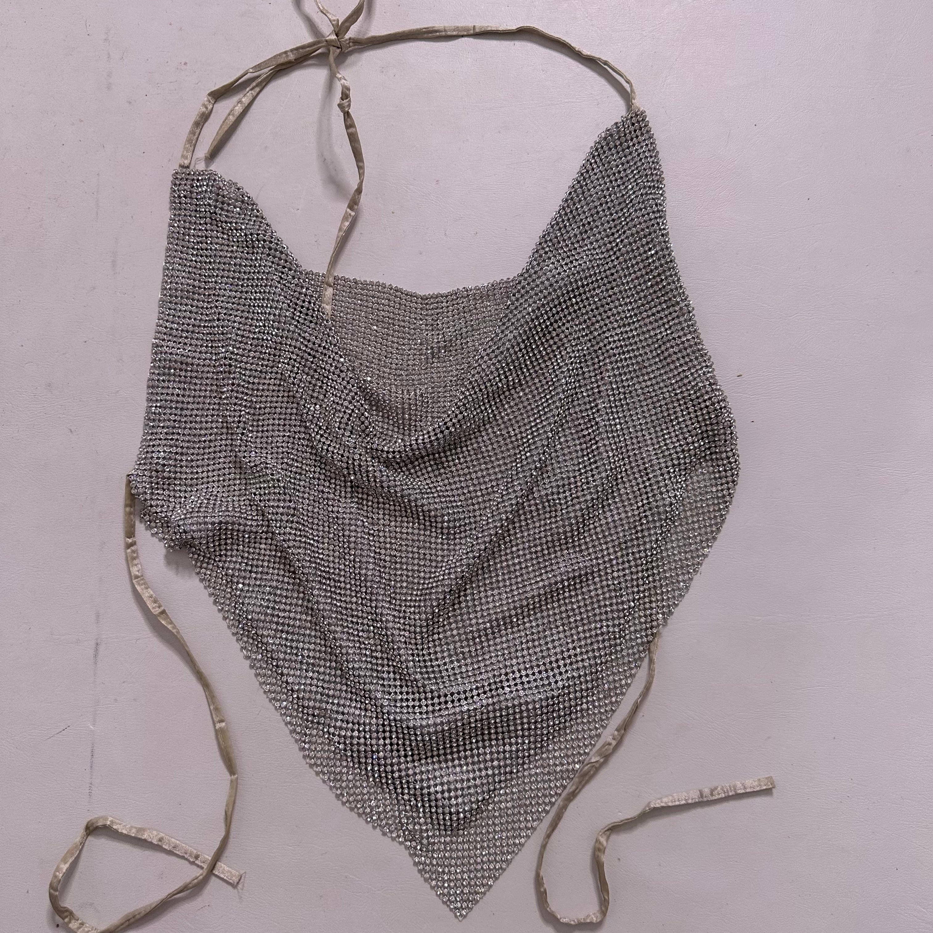 Silver backless cowl halter rhinestone top