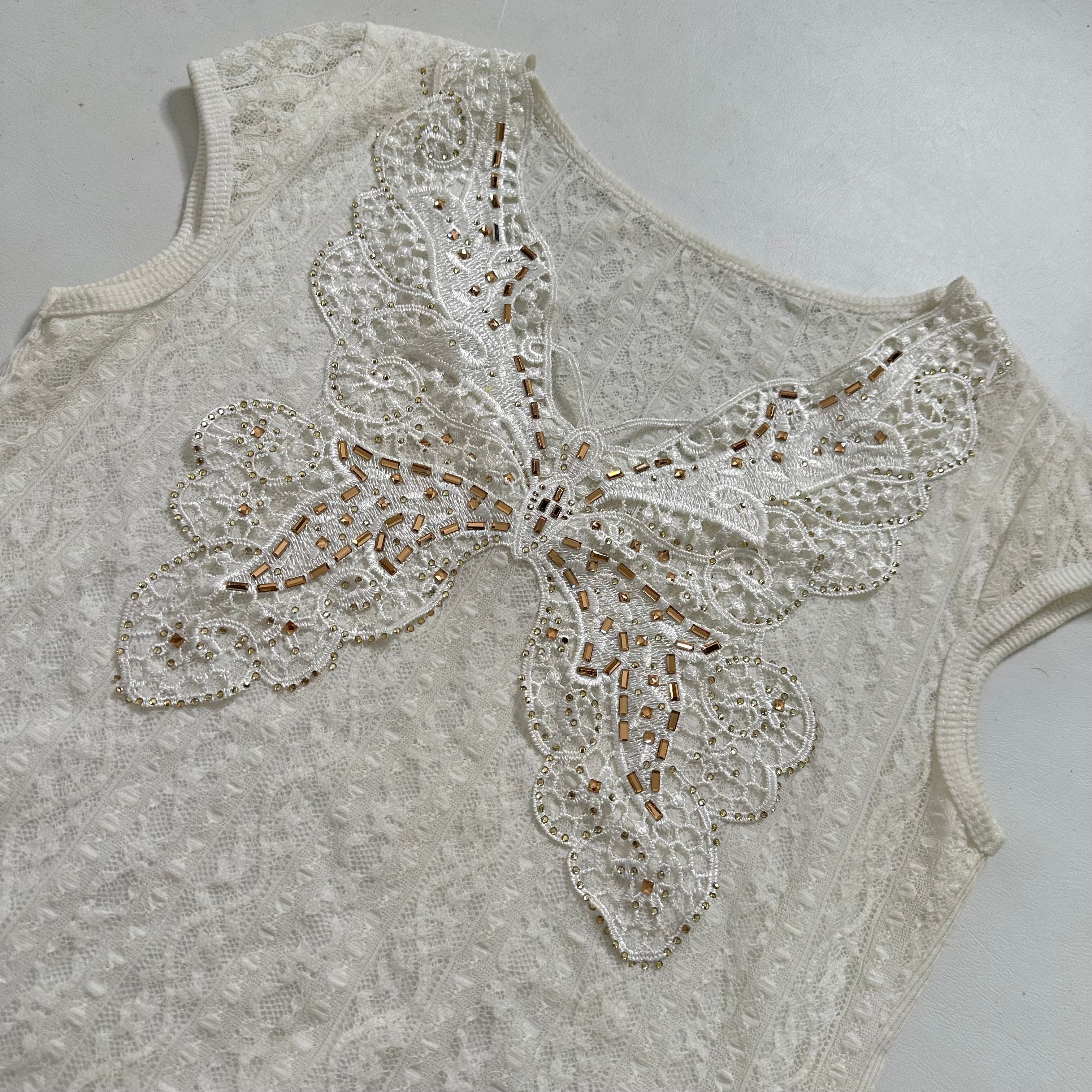 White lace sequin butterfly top