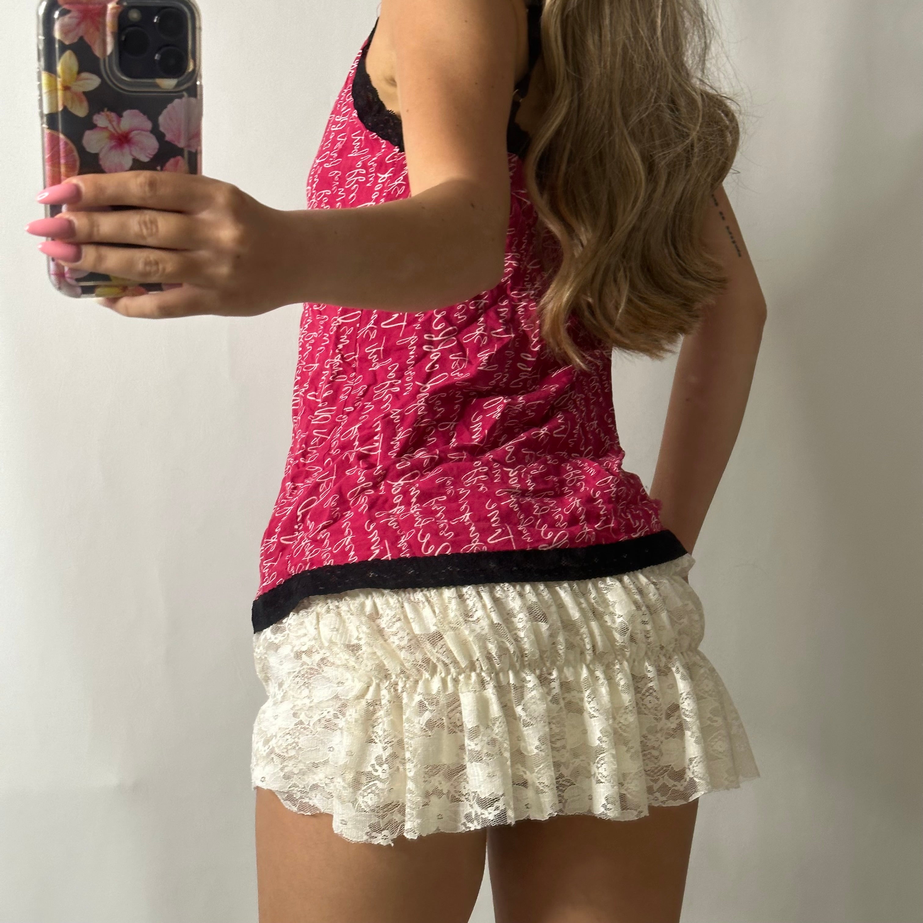 Black lace lined pink cami