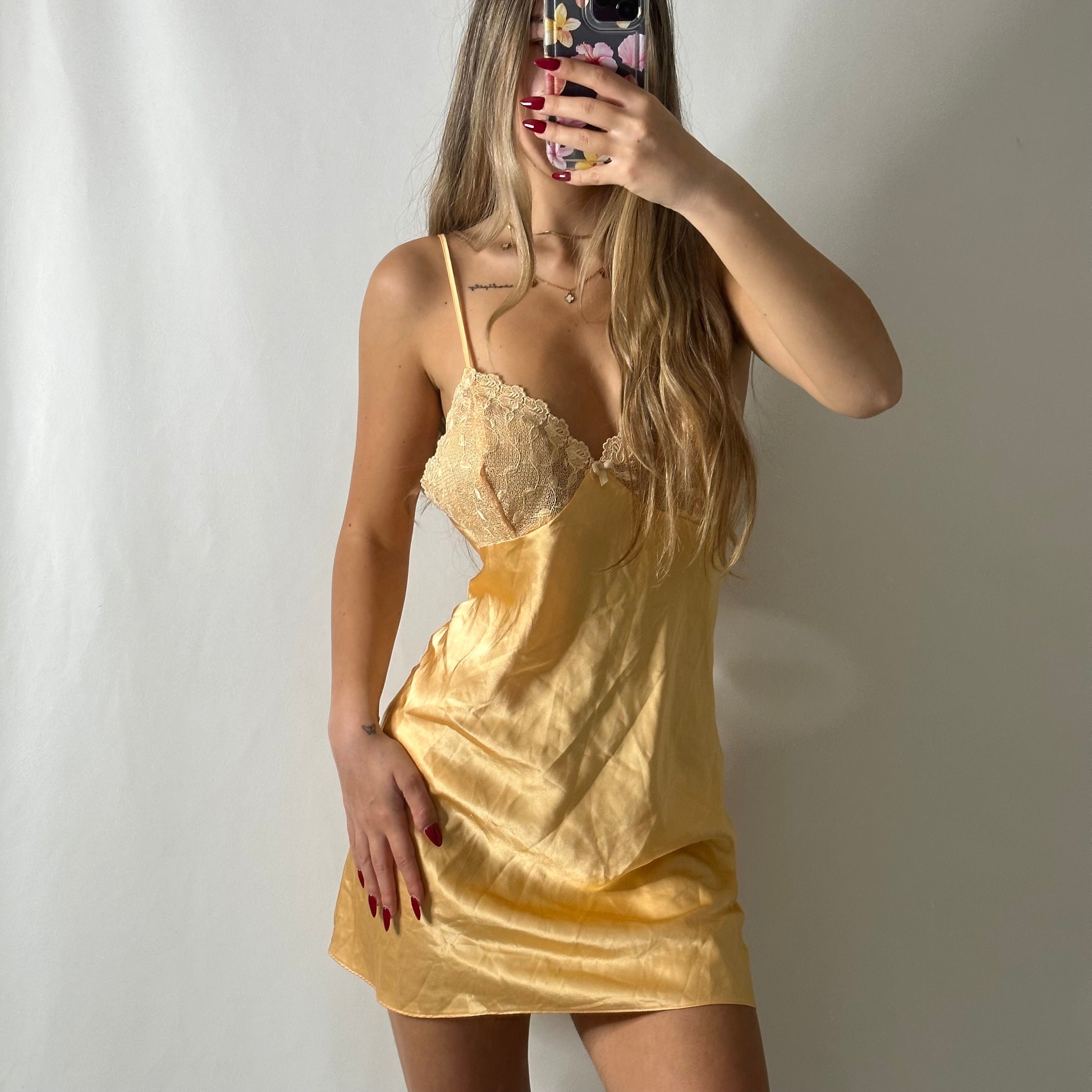 Orange lace lined satin mini dress