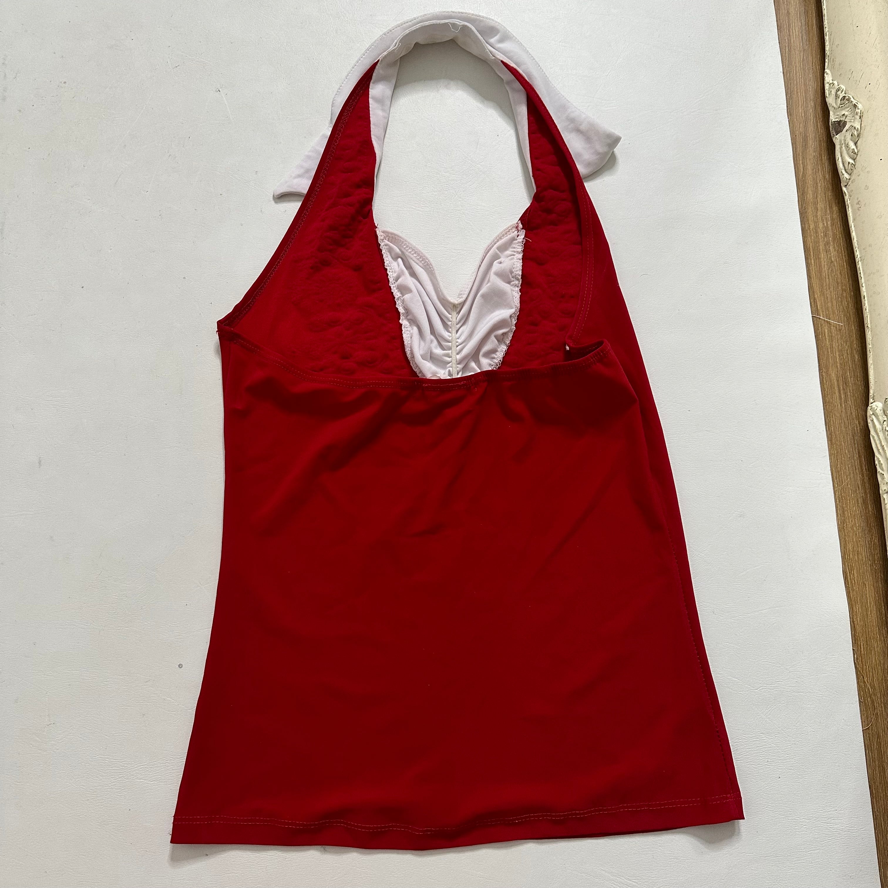 Red halter neck collared top