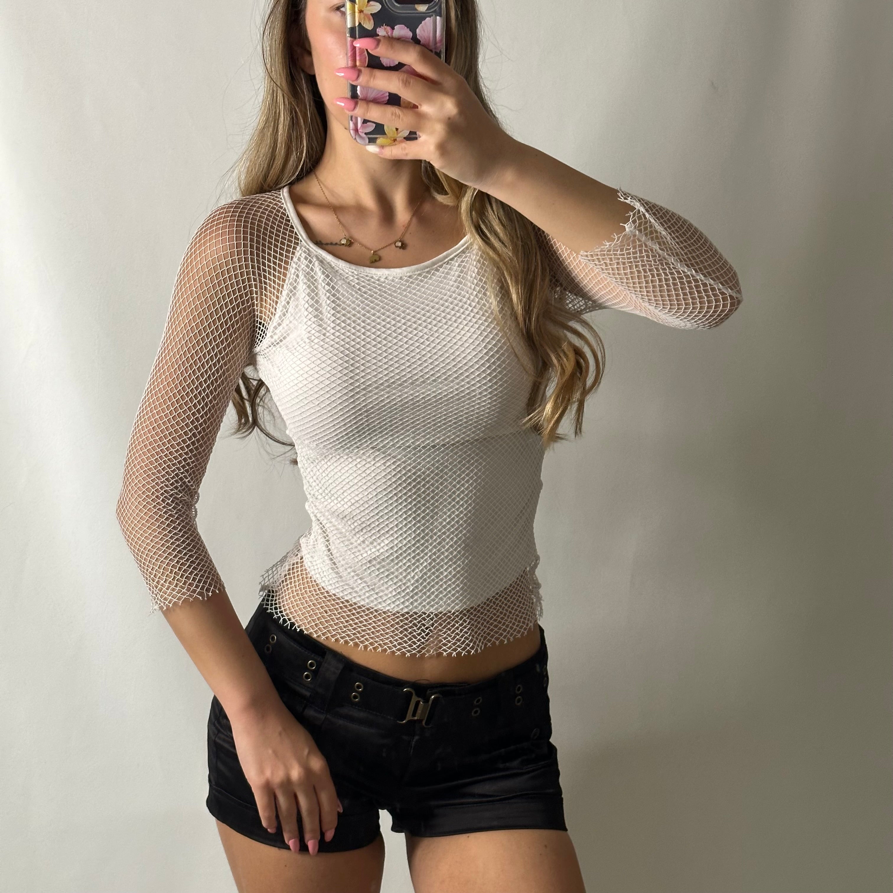 White fishnet long sleeve top