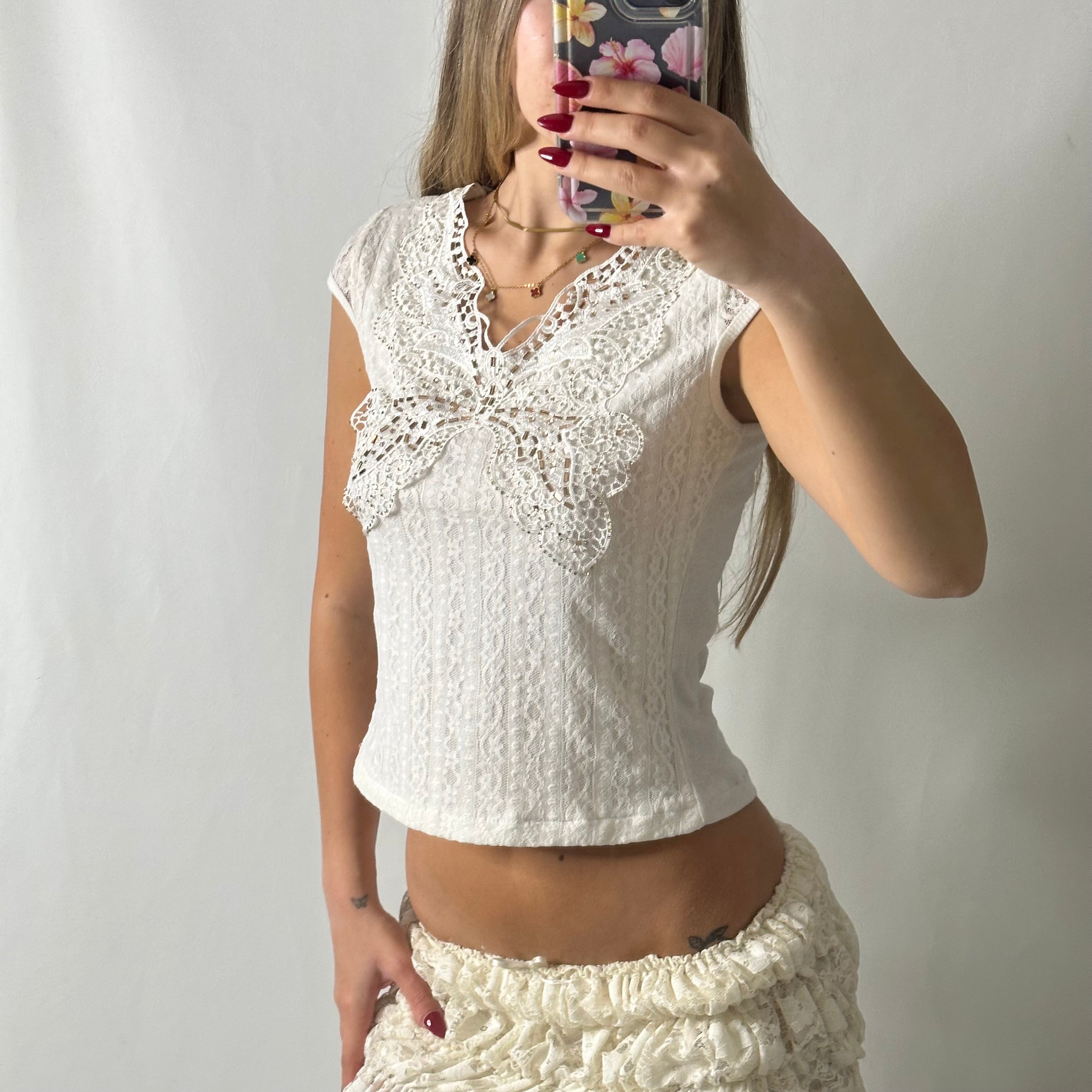 White lace sequin butterfly top