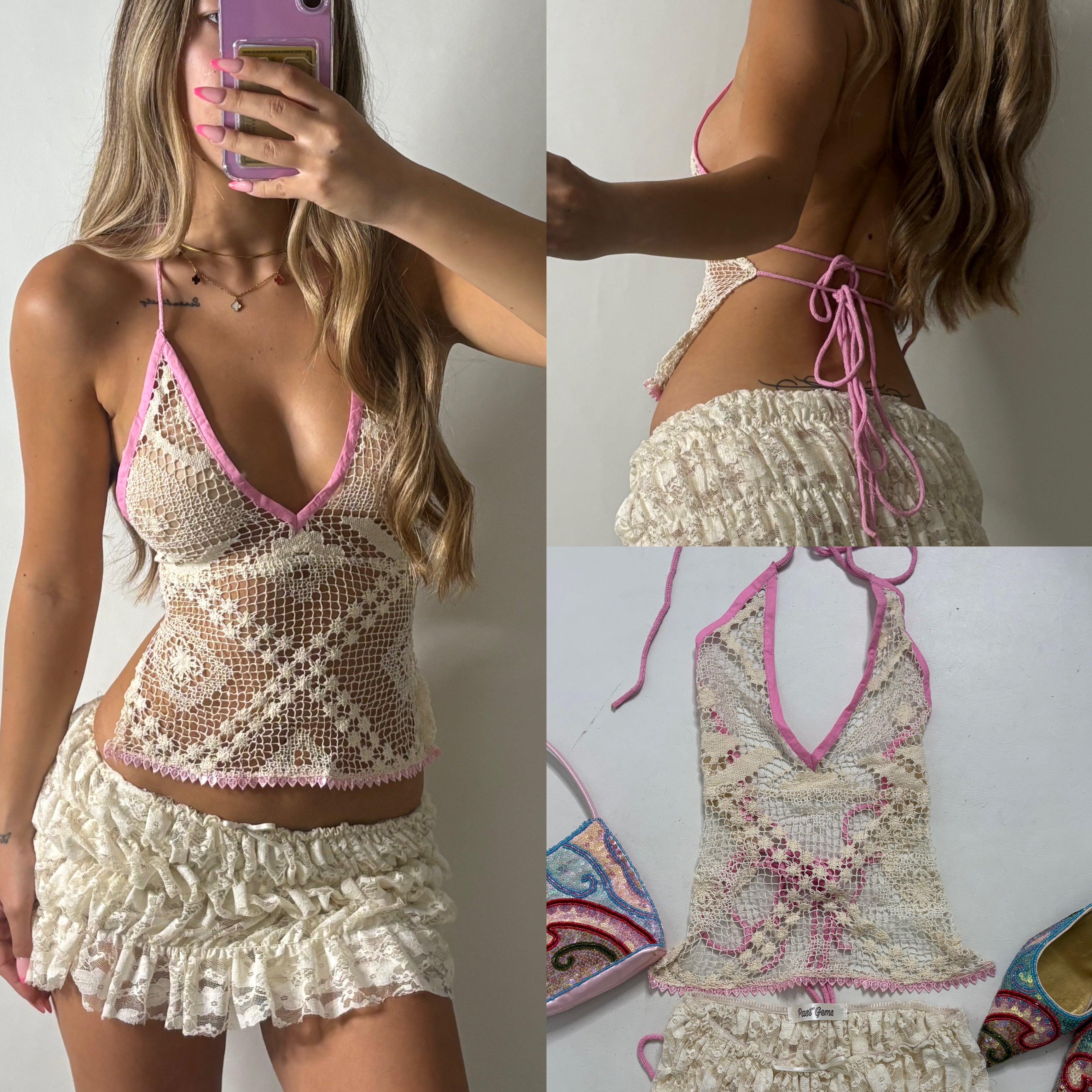 Past Gems beige crochet backless tie up top with pink straps