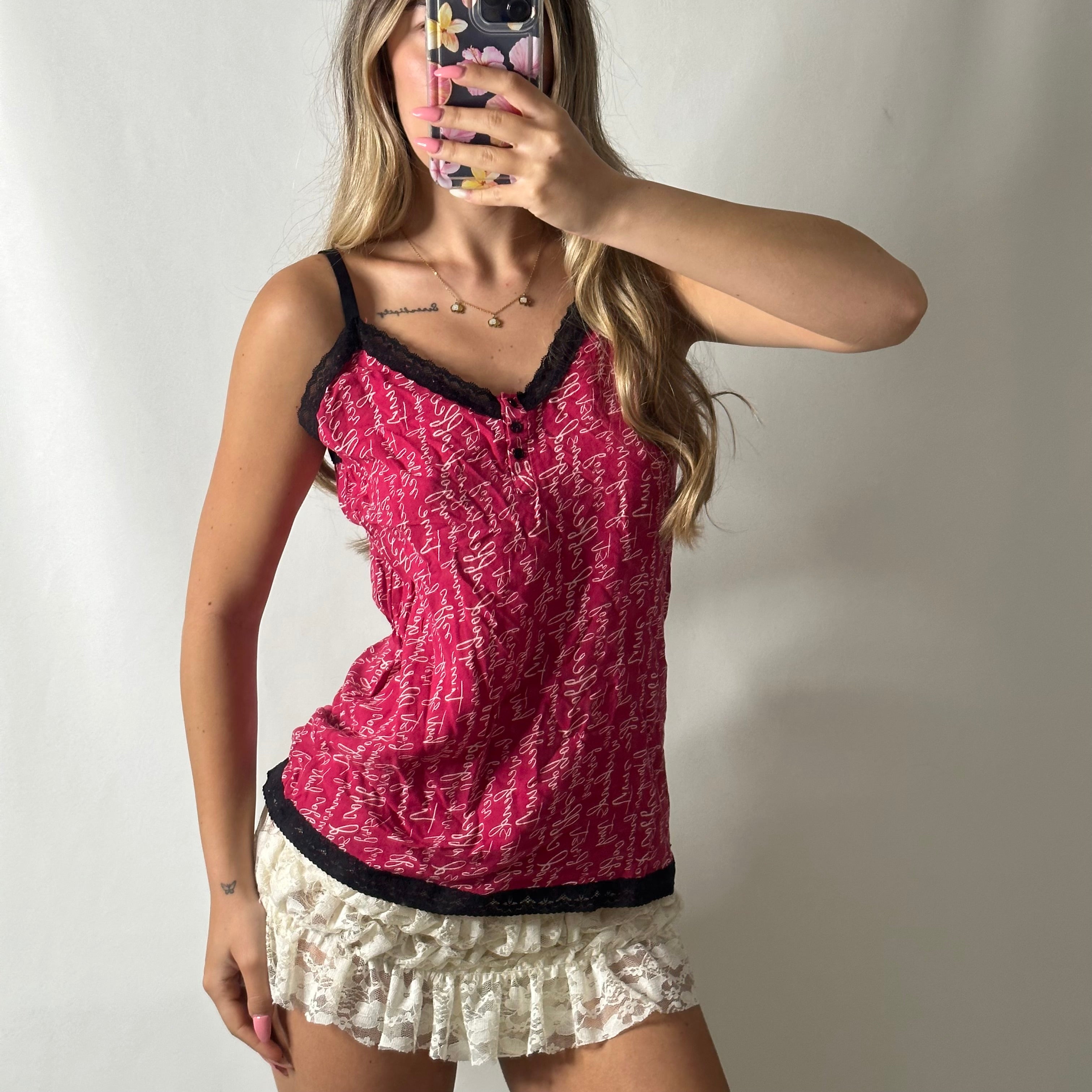 Black lace lined pink cami
