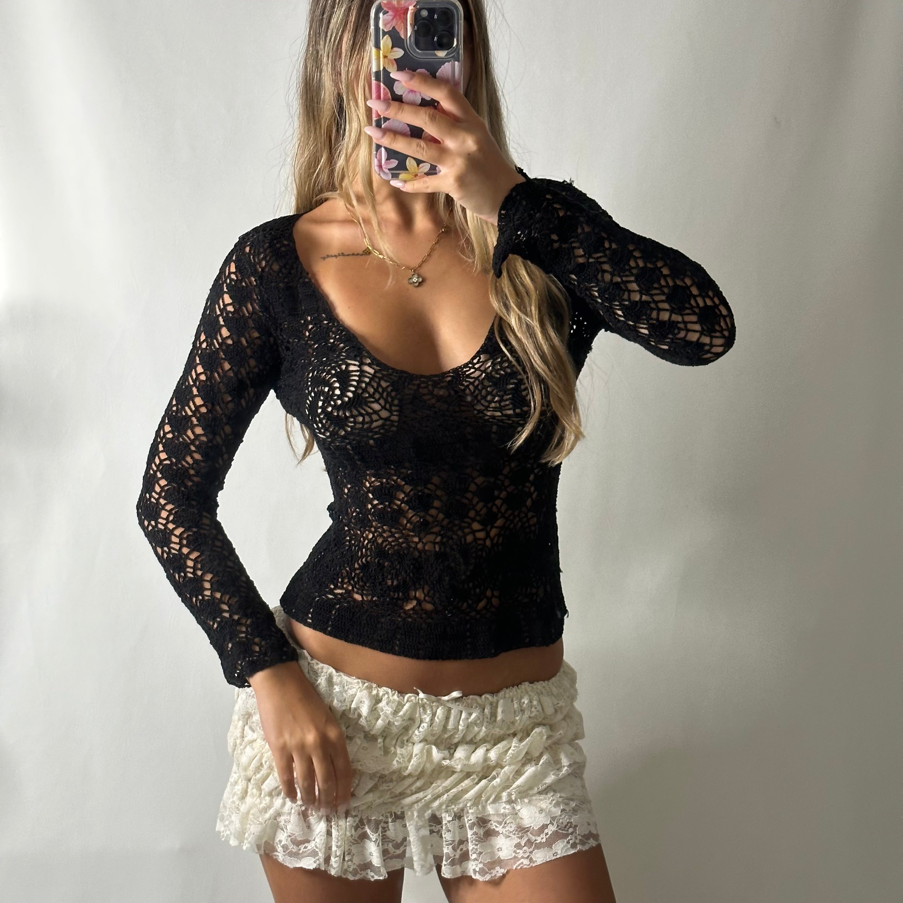 Black crochet knit top