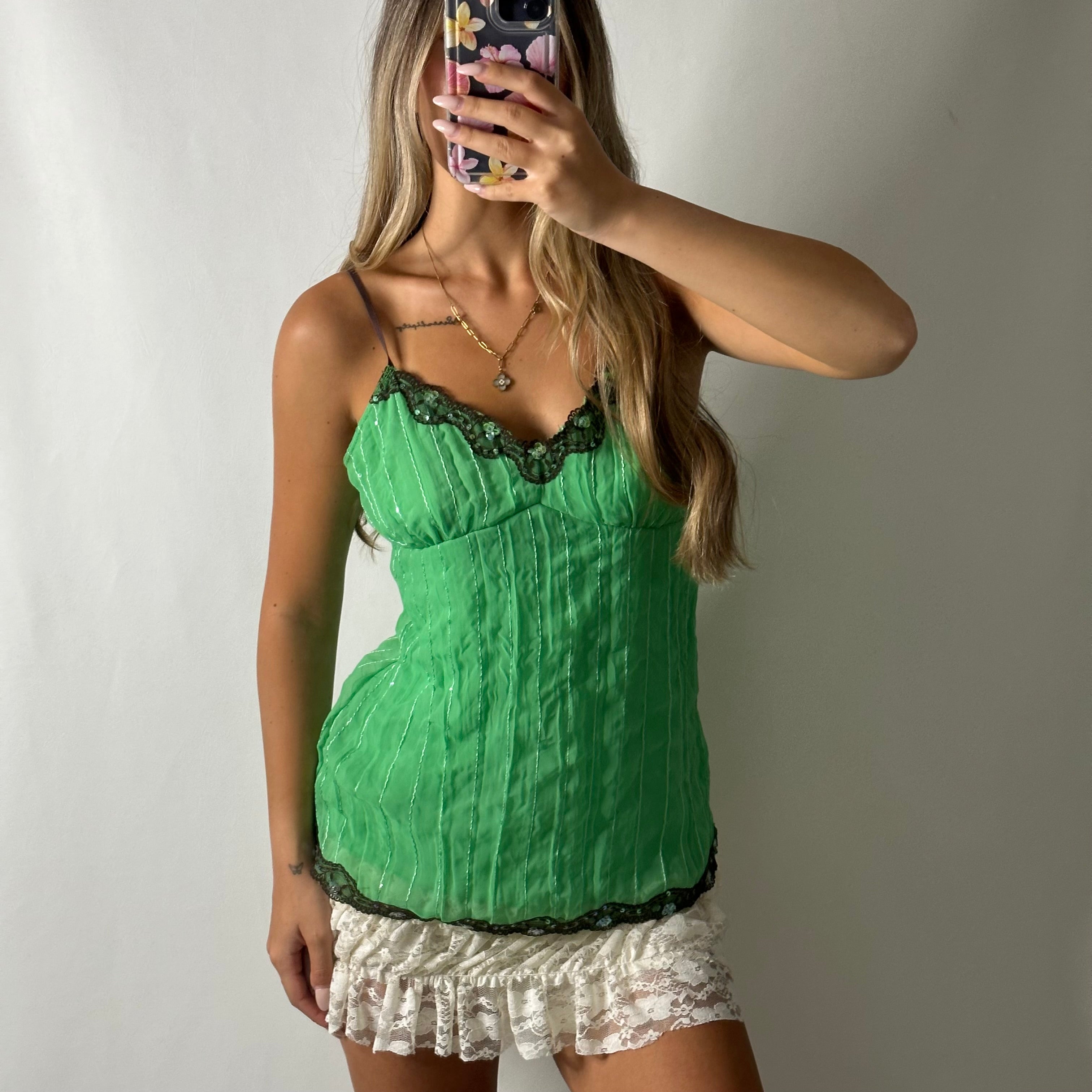 Green cami with brown lace sequin lining