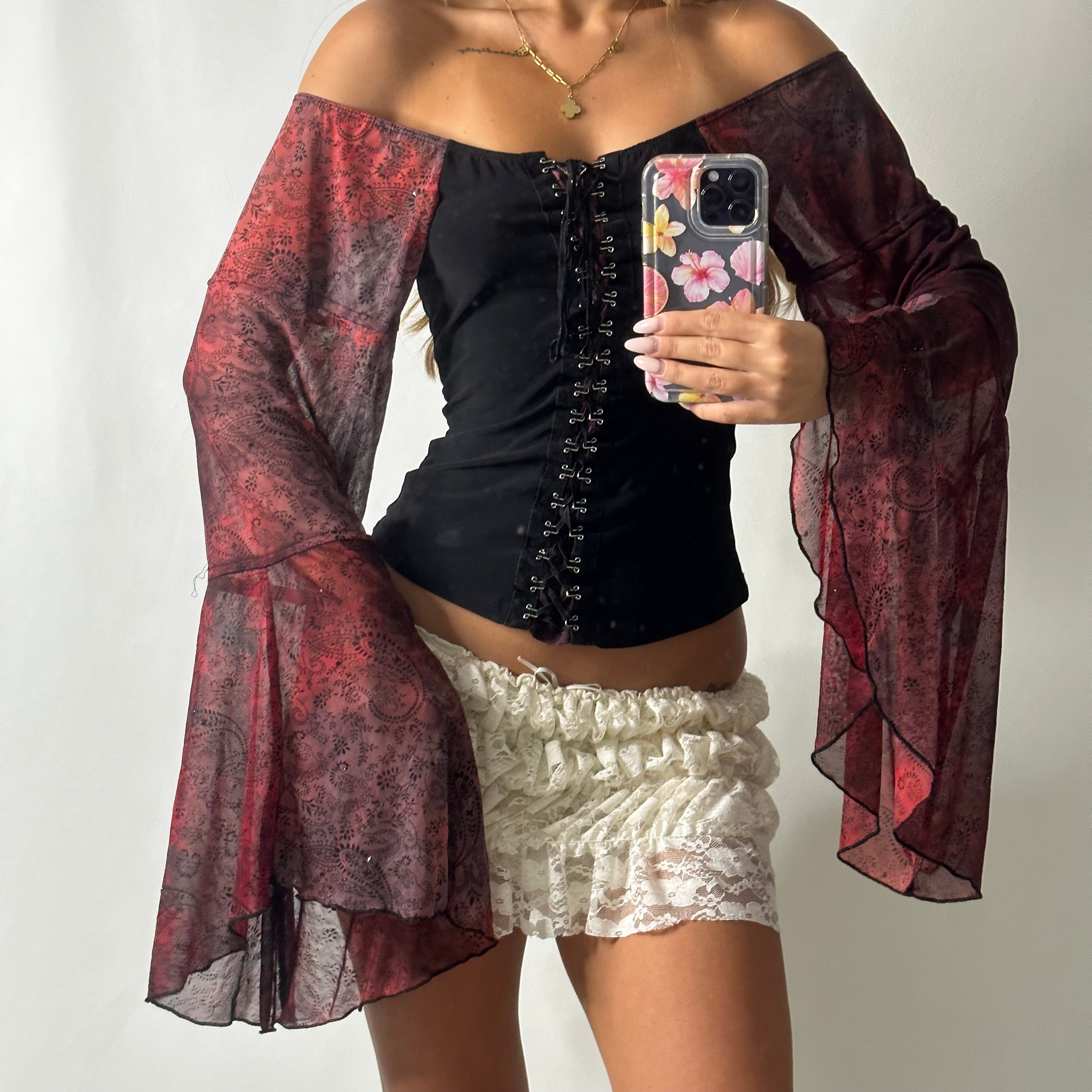 Bell mesh sleeve corset style top